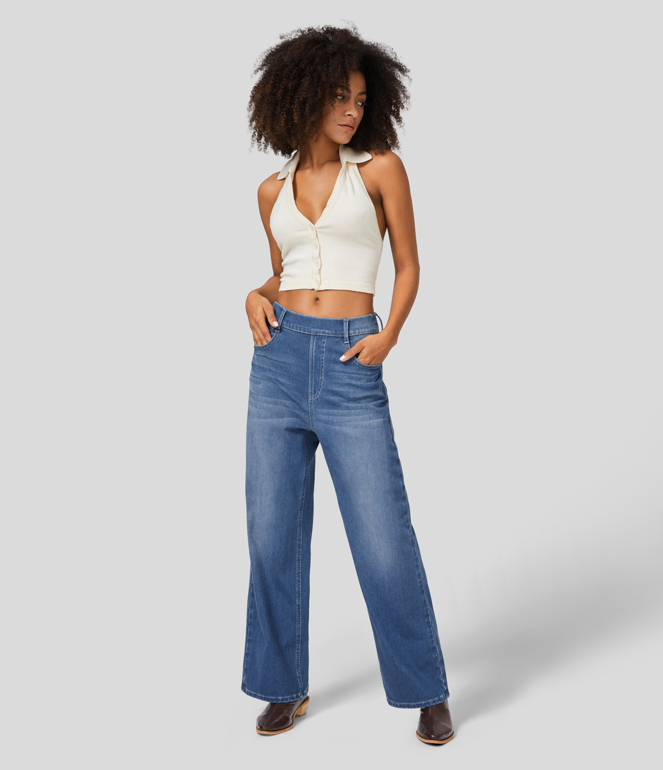 HalaraMagic High Waisted Multiple Pockets Washed Stretchy Knit Casual Boyfriend Jeans