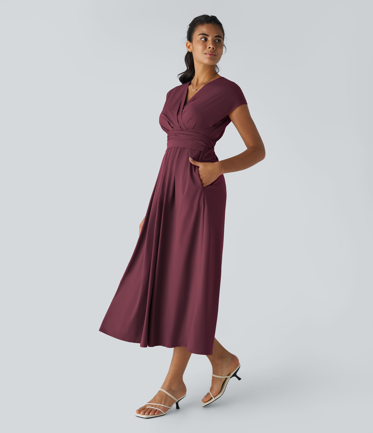 Breezeful V Neck Short Sleeve Side Pocket Tie Back Quick Dry Midi Casual Dress