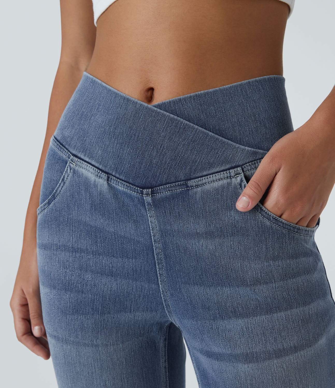 HalaraMagic High Waisted Crossover Pocket Washed Stretchy Knit Casual Flare Jeans