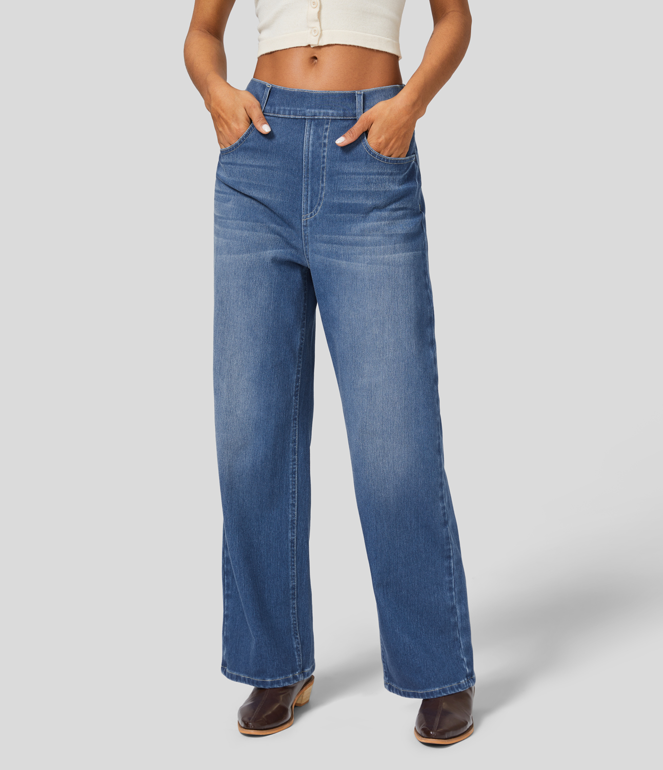 HalaraMagic High Waisted Multiple Pockets Washed Stretchy Knit Casual Boyfriend Jeans