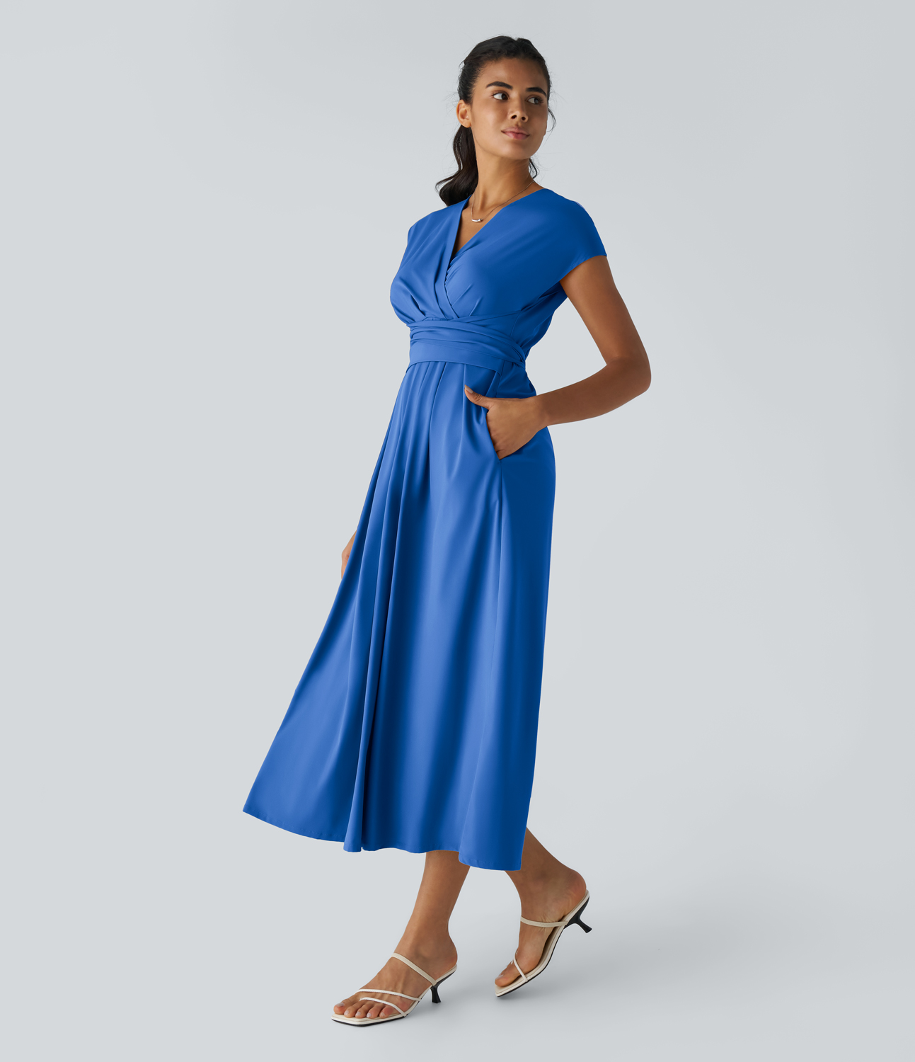 Breezeful V Neck Short Sleeve Side Pocket Tie Back Quick Dry Midi Casual Dress