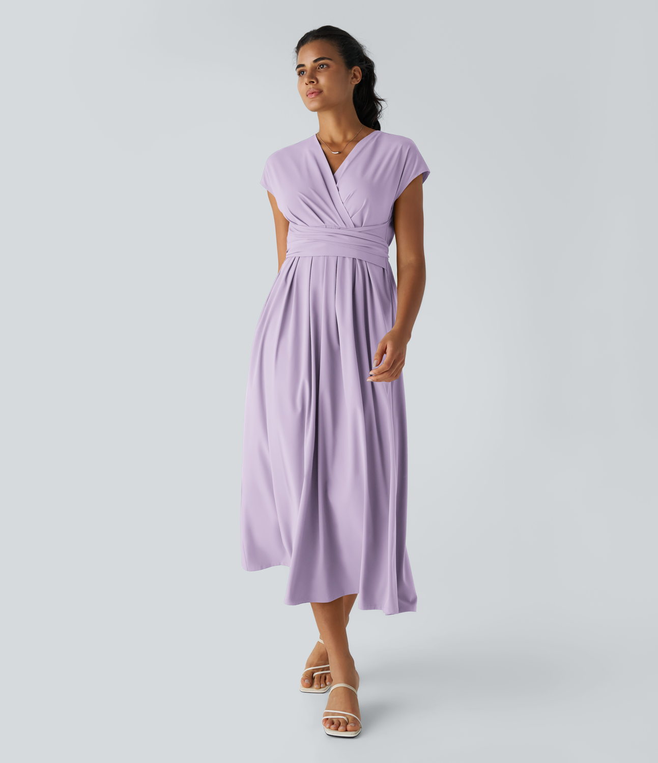 Breezeful V Neck Short Sleeve Side Pocket Tie Back Quick Dry Midi Casual Dress