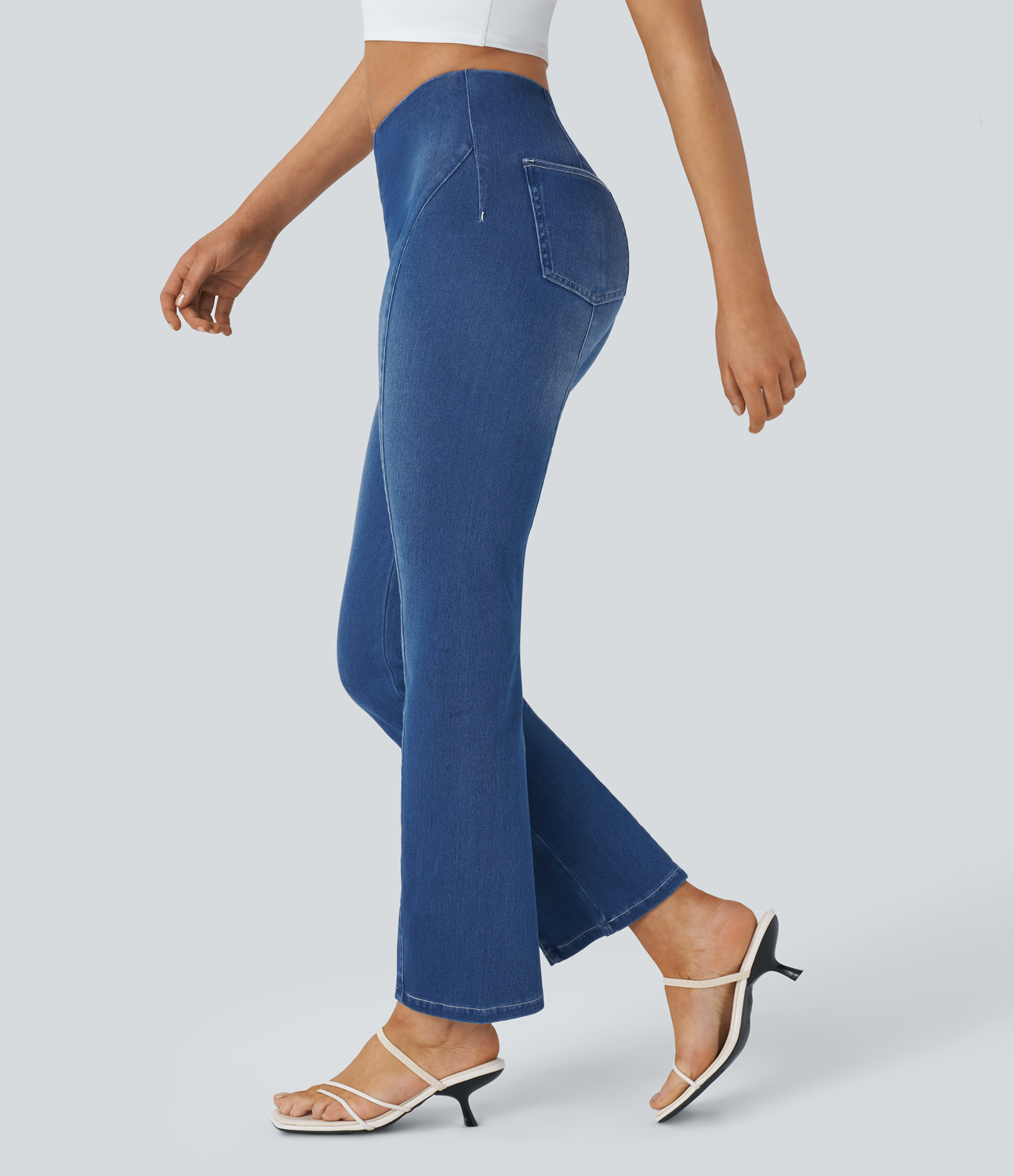 HalaraMagic Mid Rise Back Pockets Cool Touch Washed Stretchy Knit Denim Casual Bootcut Leggings