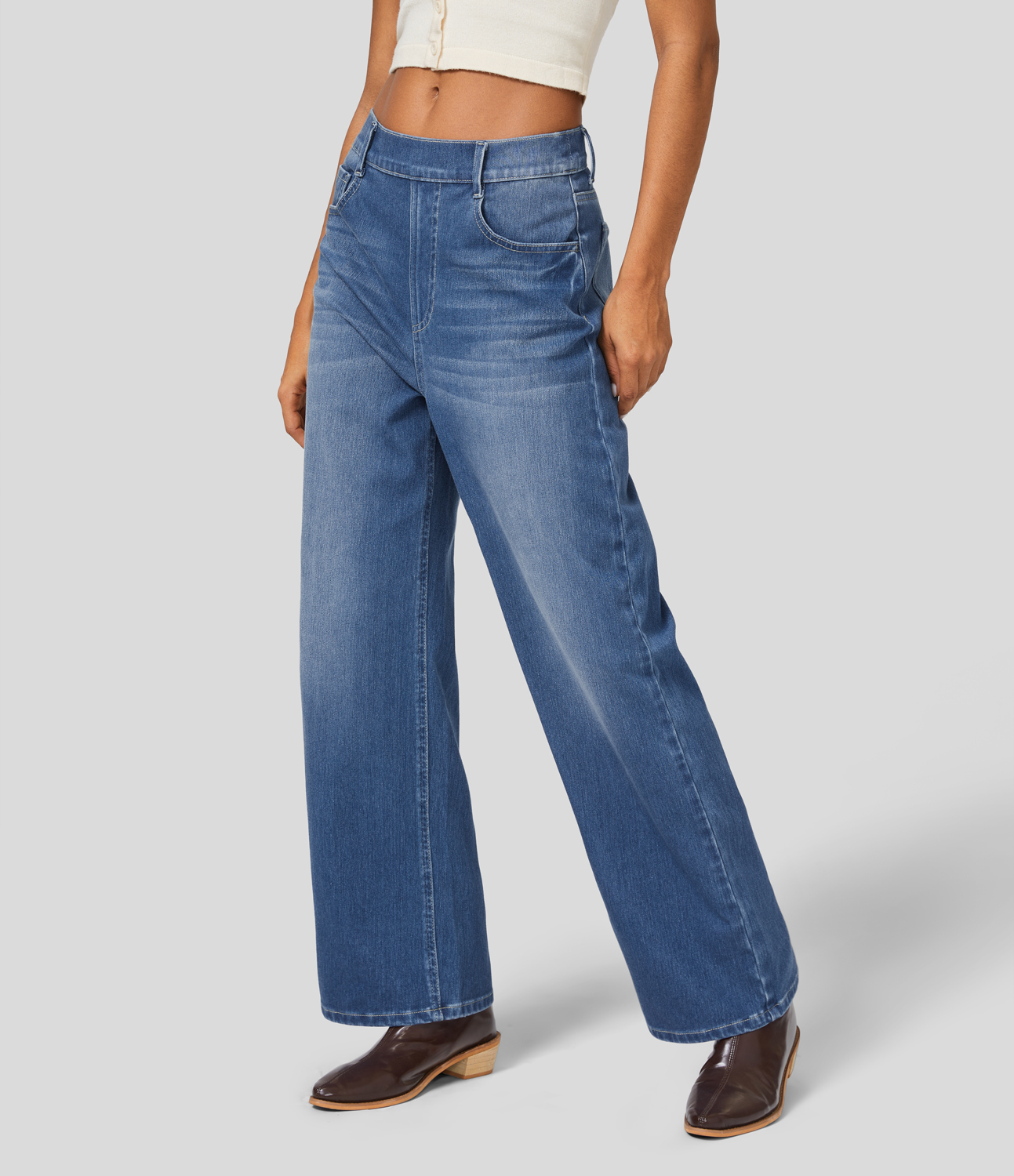 HalaraMagic High Waisted Multiple Pockets Washed Stretchy Knit Casual Boyfriend Jeans