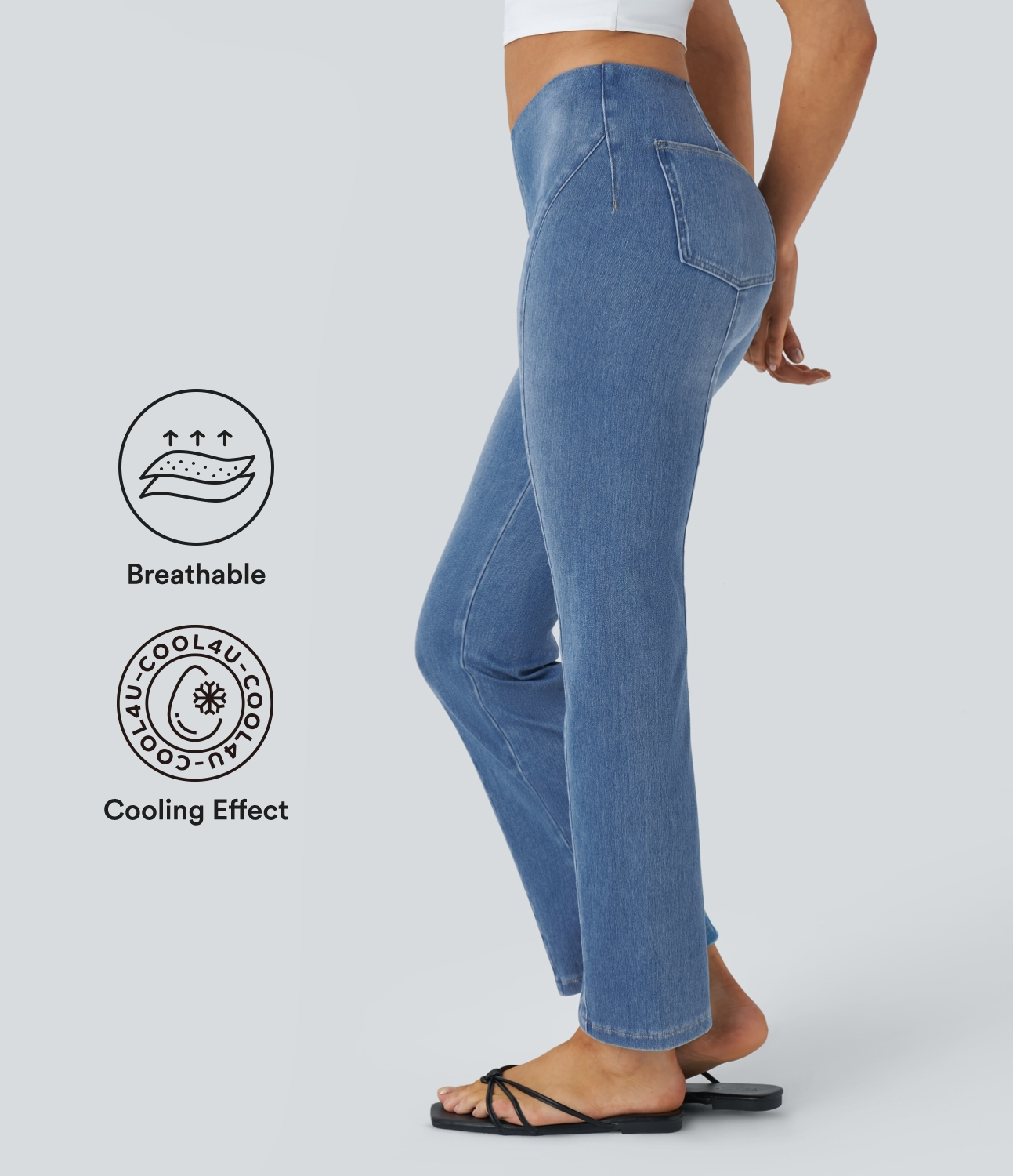 HalaraMagic Mid Rise Back Pockets Cool Touch Washed Stretchy Knit Denim Casual Bootcut Leggings