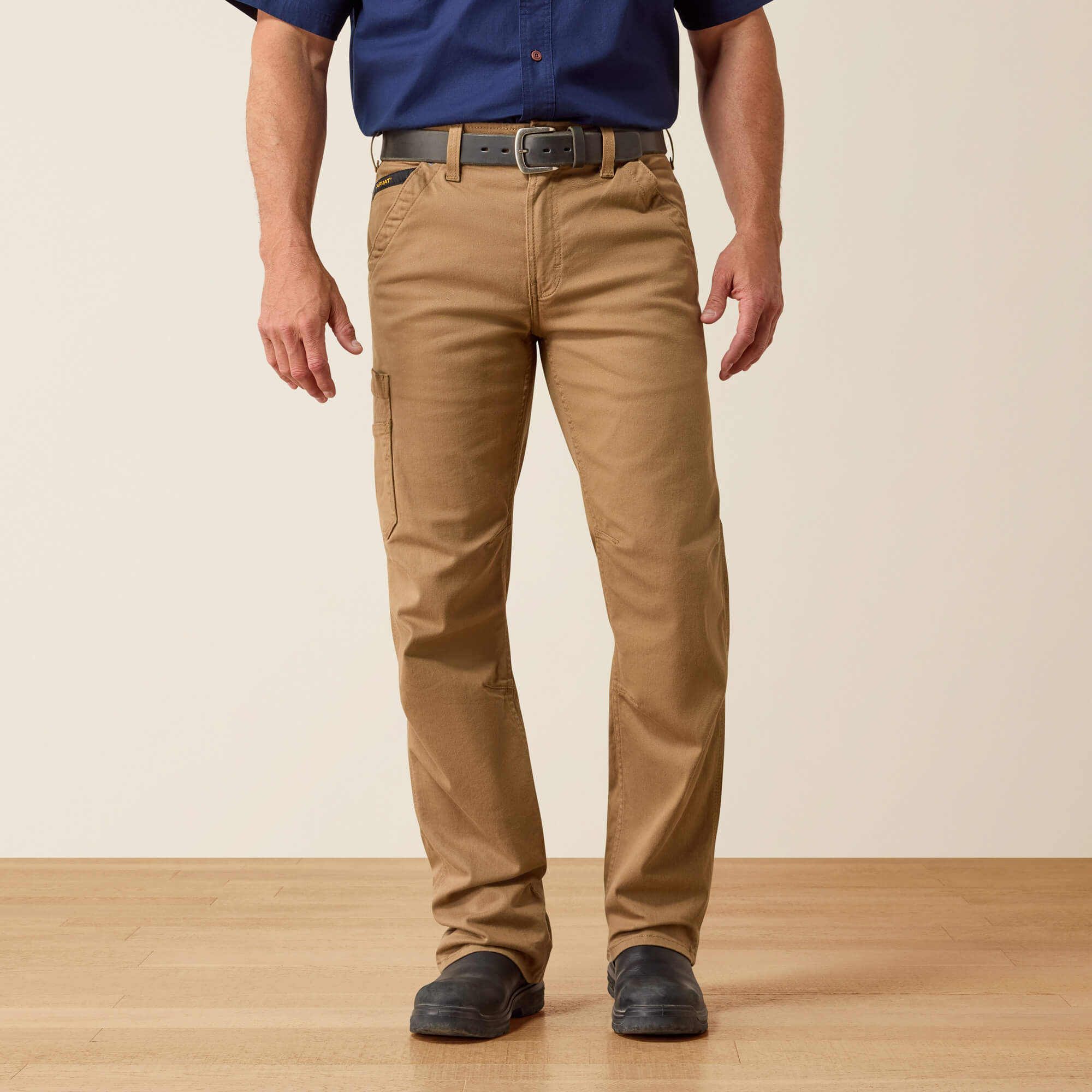 Rebar M4 Relaxed DuraStretch Washed Twill Dungaree Boot Cut Pant Front - FIELD KHAKI