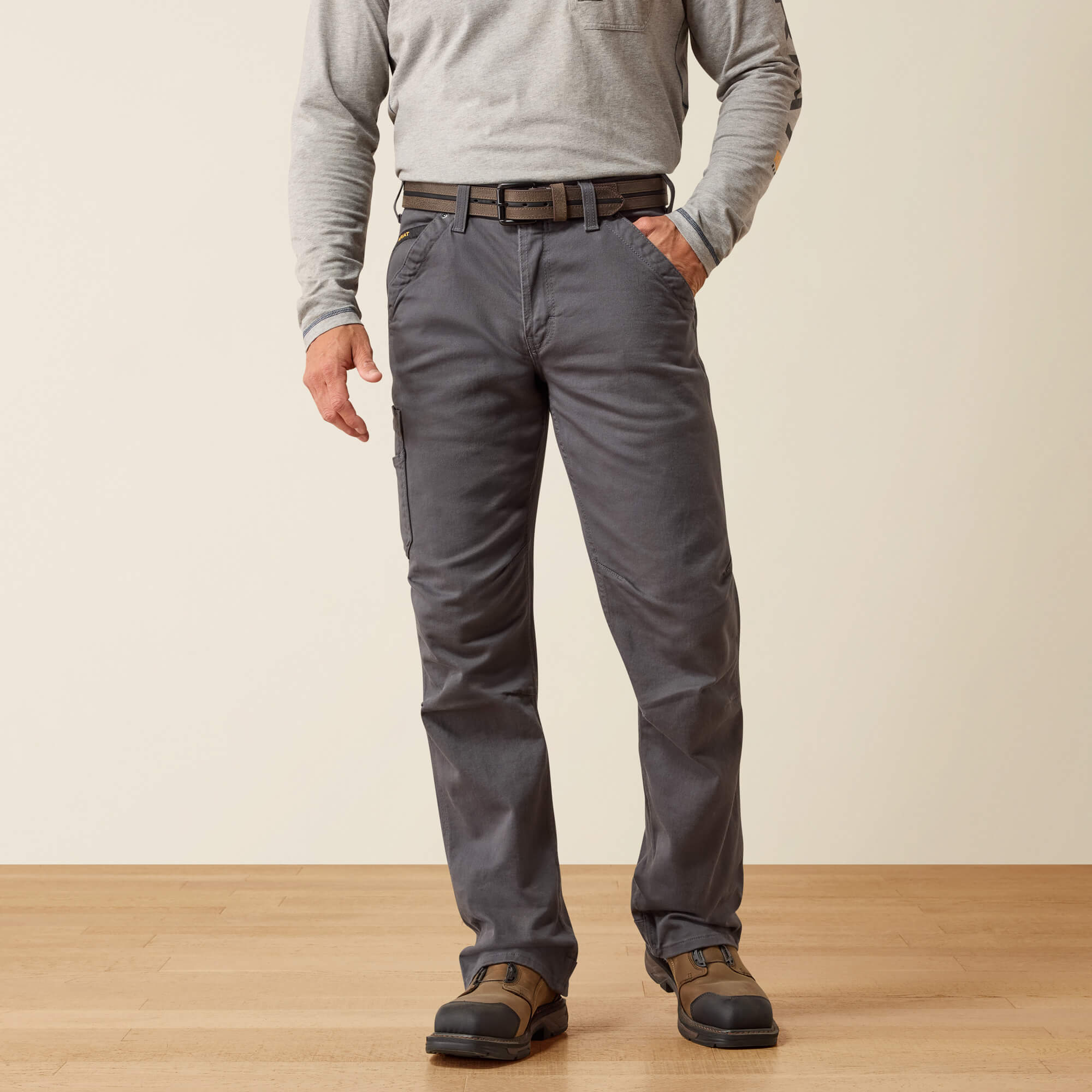 Rebar M4 Relaxed DuraStretch Washed Twill Dungaree Boot Cut Pant Front - REBAR GREY