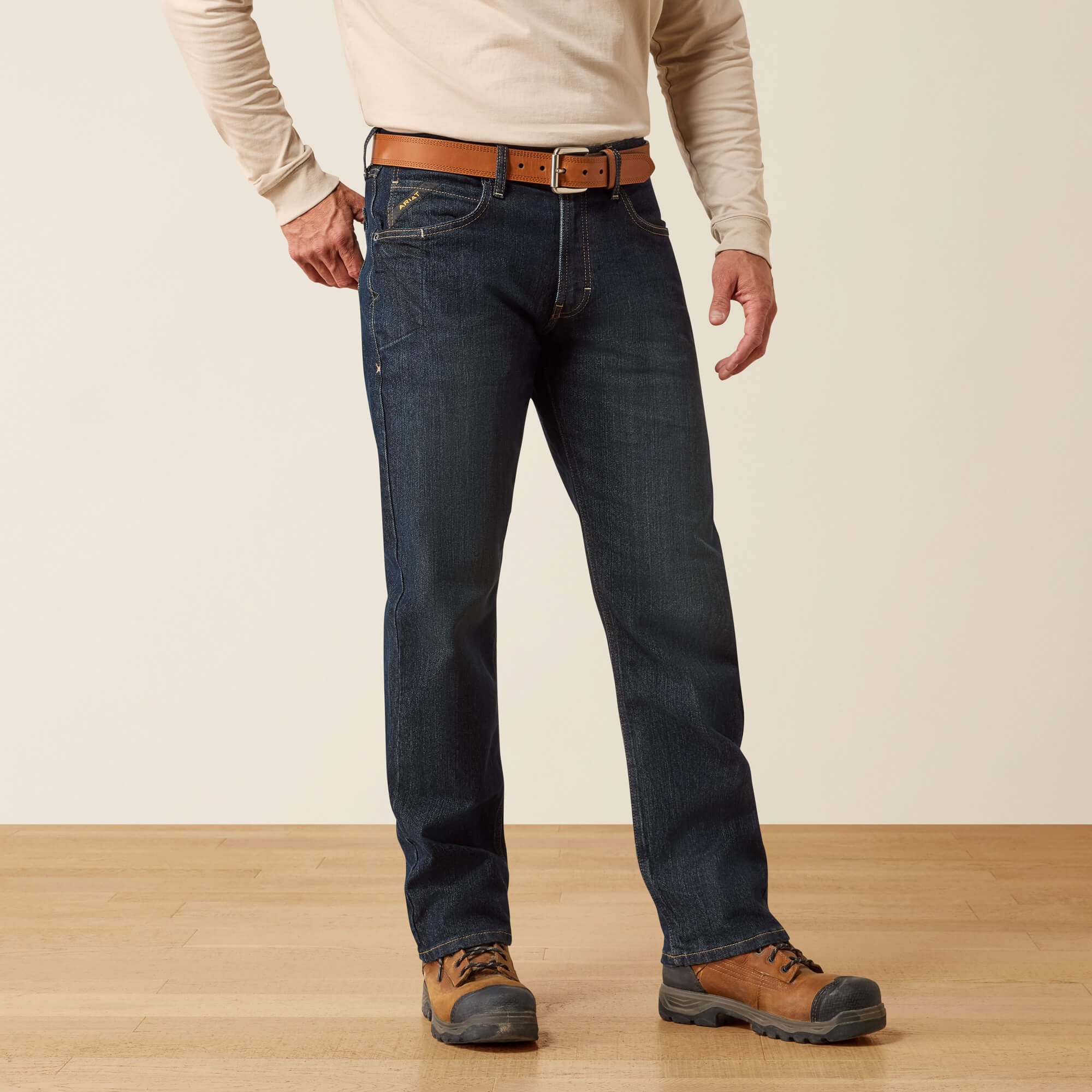 Rebar M4 Relaxed DuraStretch Basic Stackable Straight Leg Jean Front - BLACKSTONE