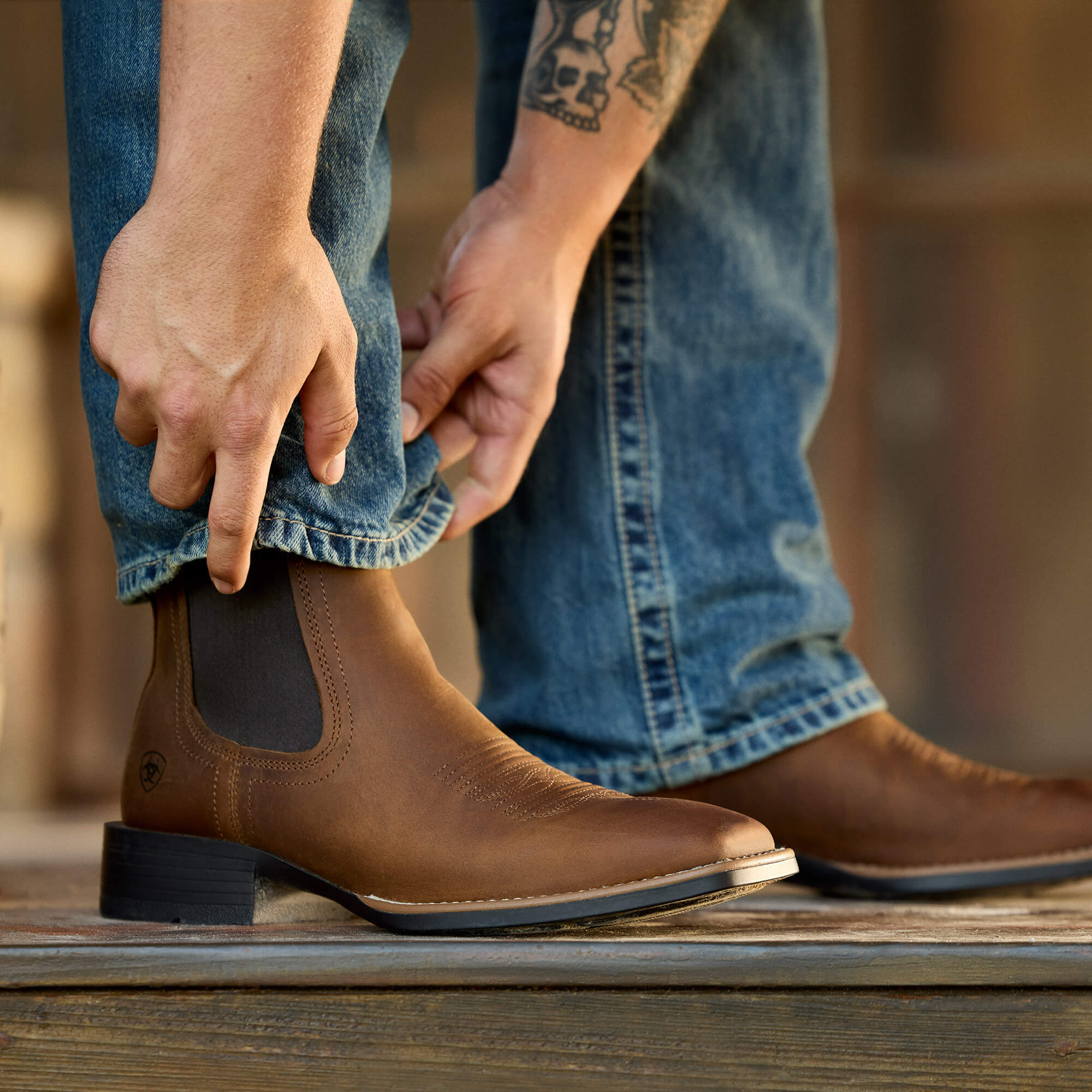 Booker Chelsea Wide Square Toe Western Boot Lifestyle - DISTRESSED TAN
