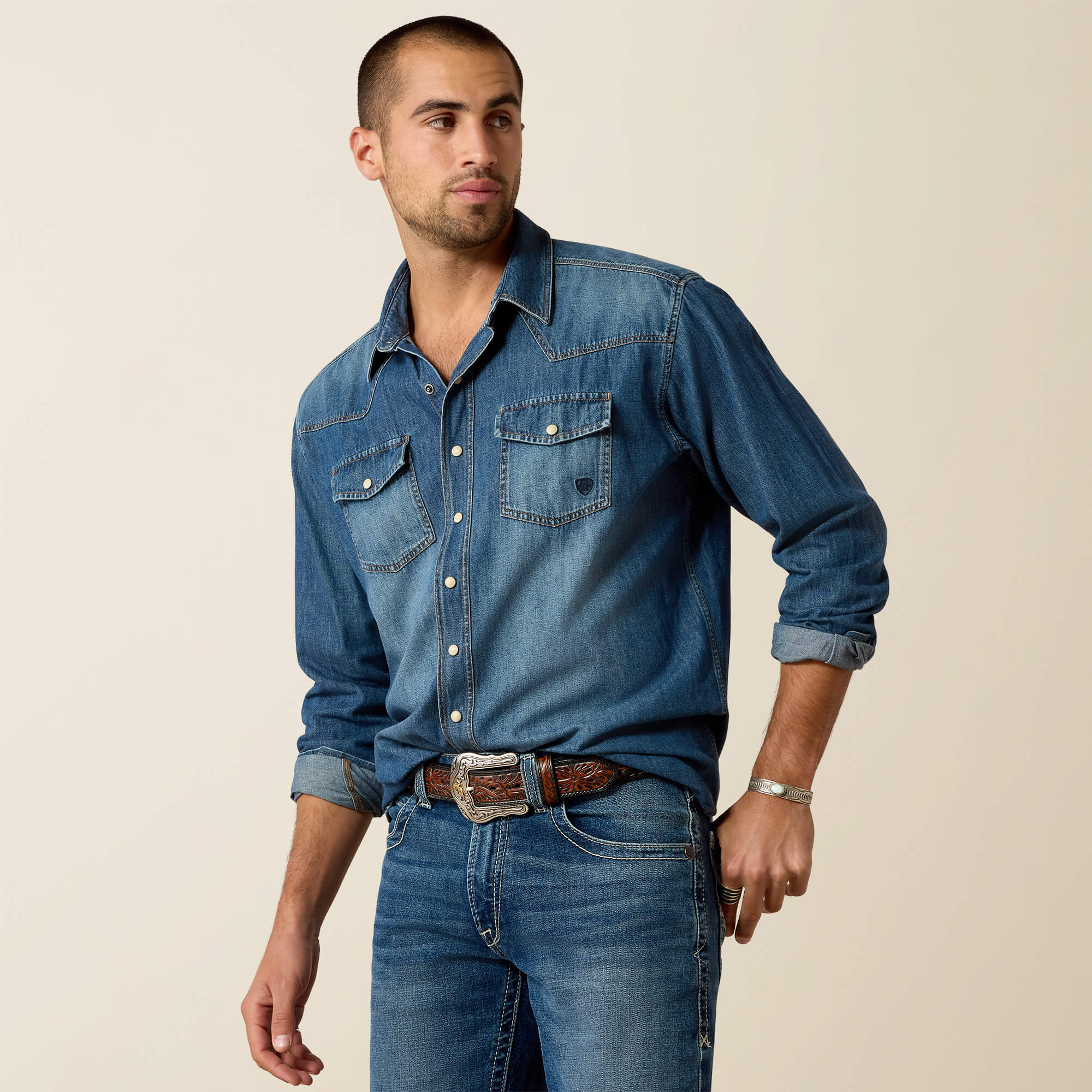 Denim Retro Fit Shirt Front - STONE