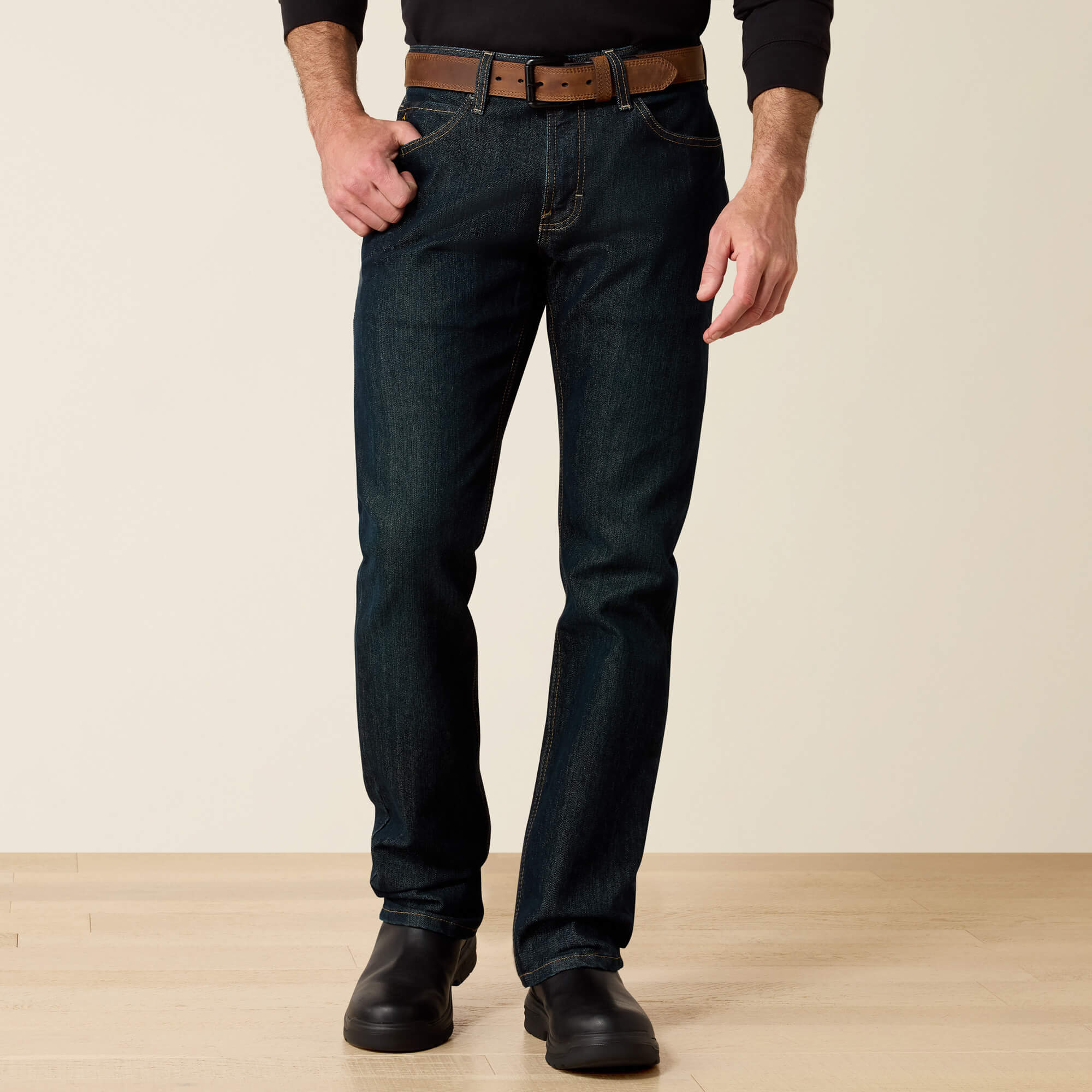 Rebar M7 Slim DuraStretch Basic Stackable Straight Leg Jean Front - BLACKSTONE