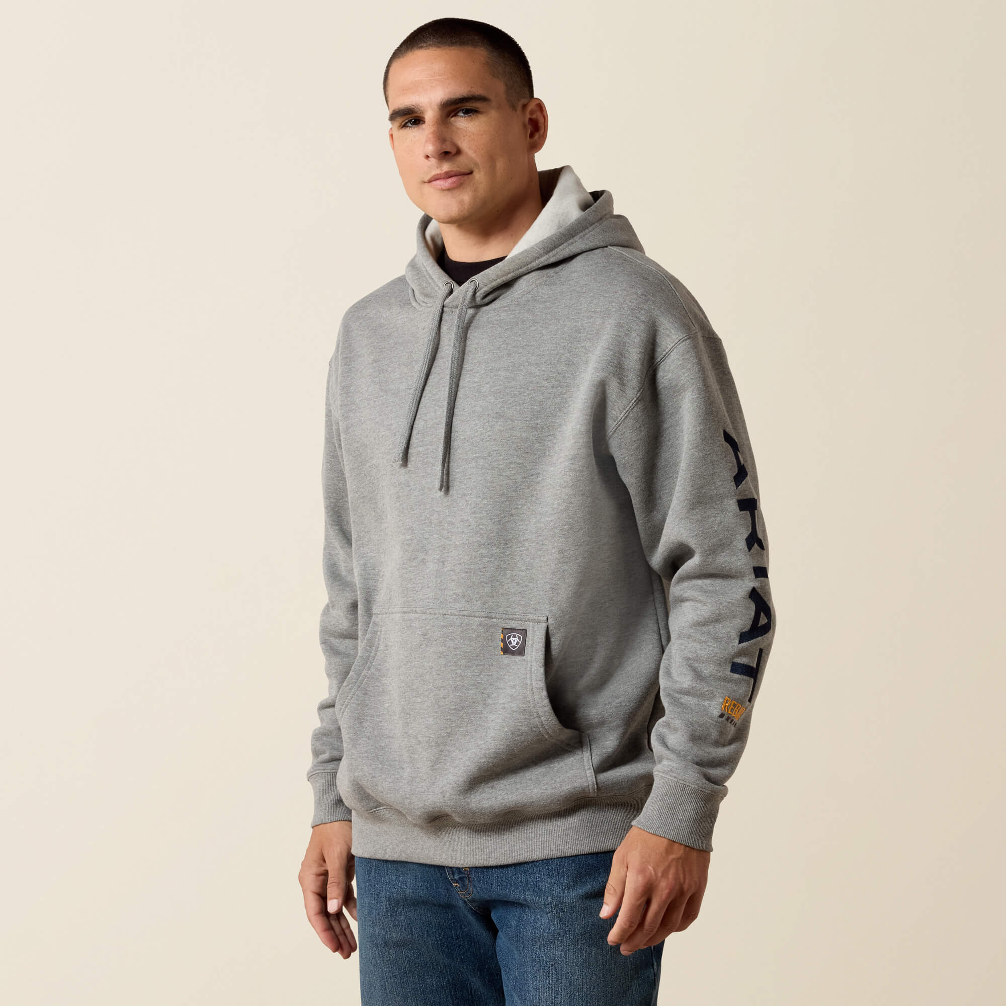 Rebar Workman Graphic Hoodie Front - HEATHER GREY/DEEP ULTRAMARINE