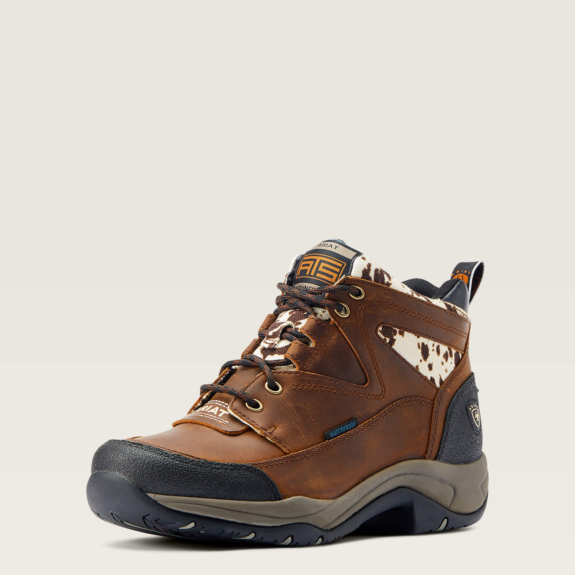 Terrain Waterproof Boot 3-4 Front - DISTRESSED BROWN/ SPECKLED COW PRINT
