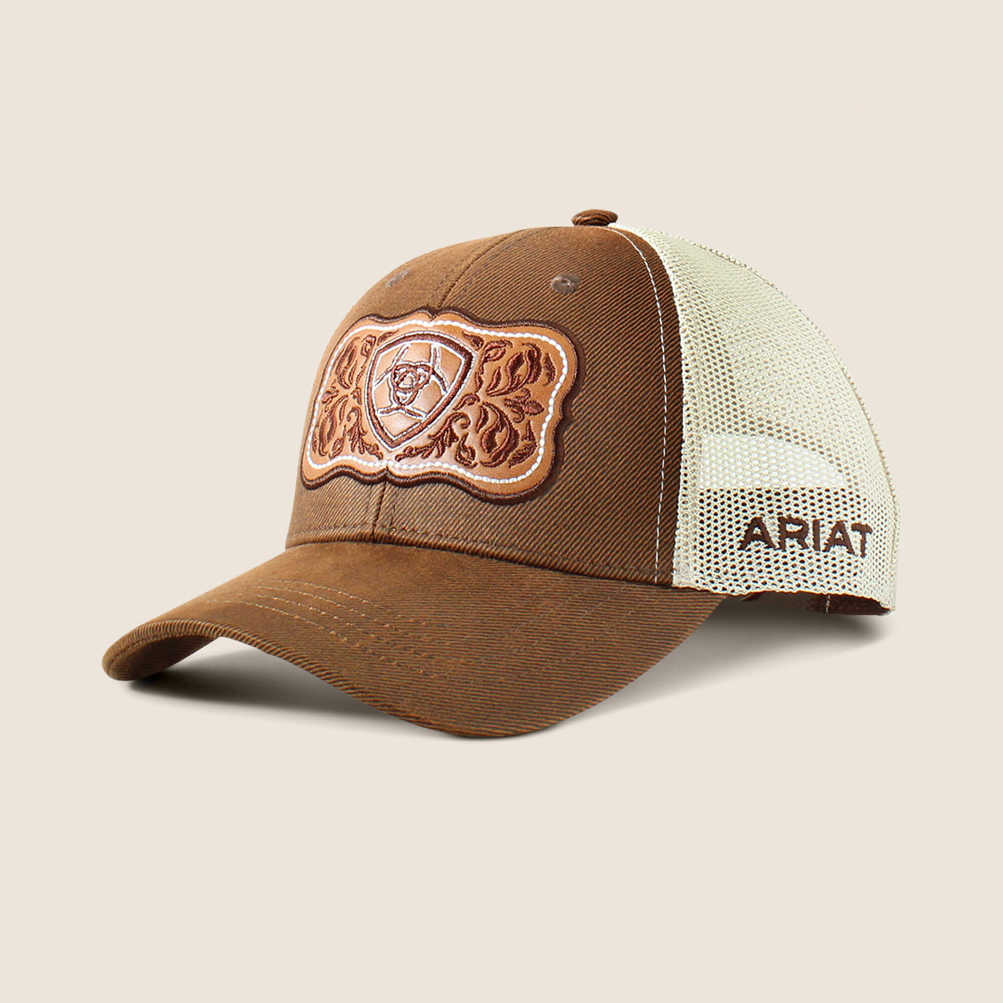 Floral Leather Patch Cap Front - BROWN