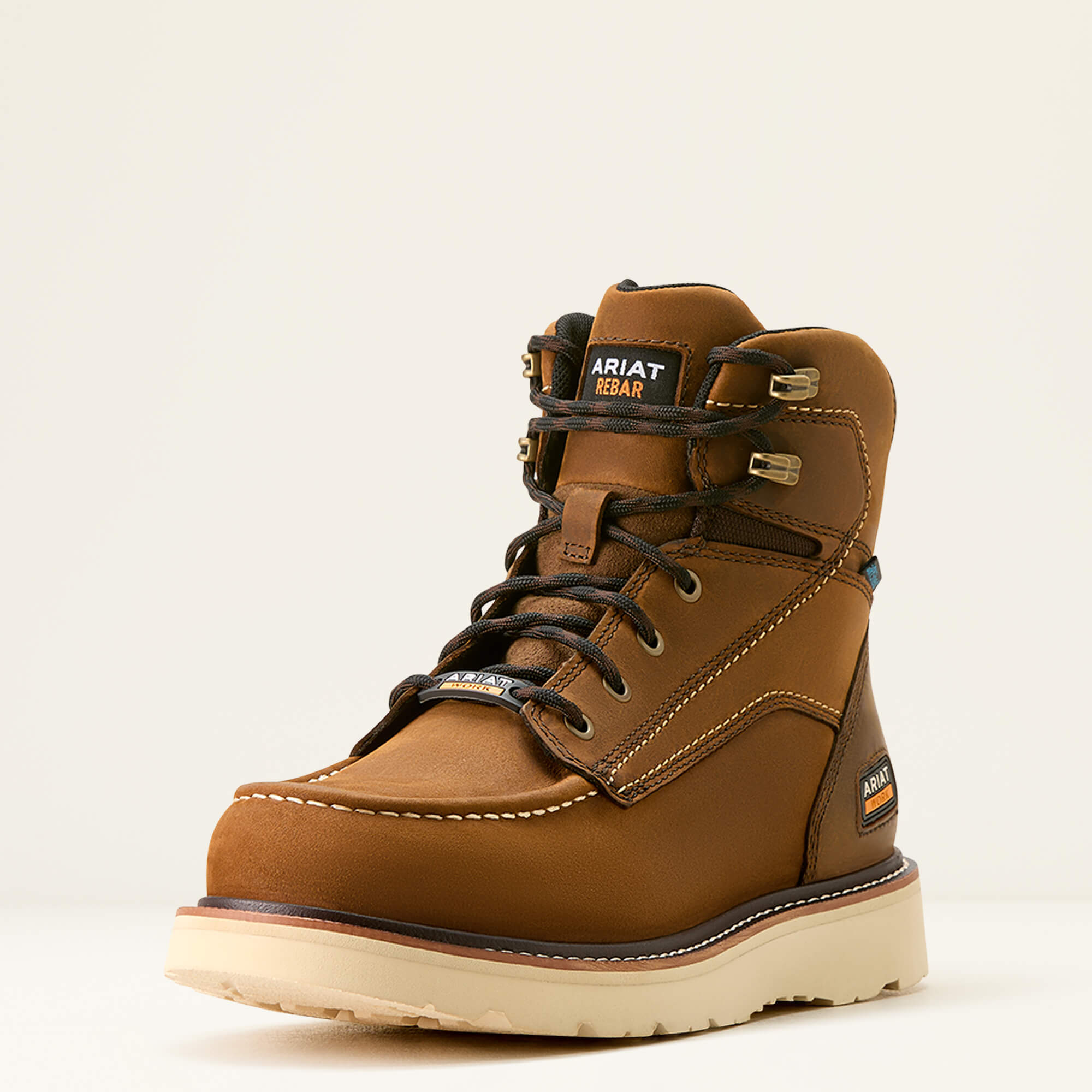 Rebar Wedge Moc Toe 6" Waterproof Work Boot 3-4 Front - DISTRESSED BROWN