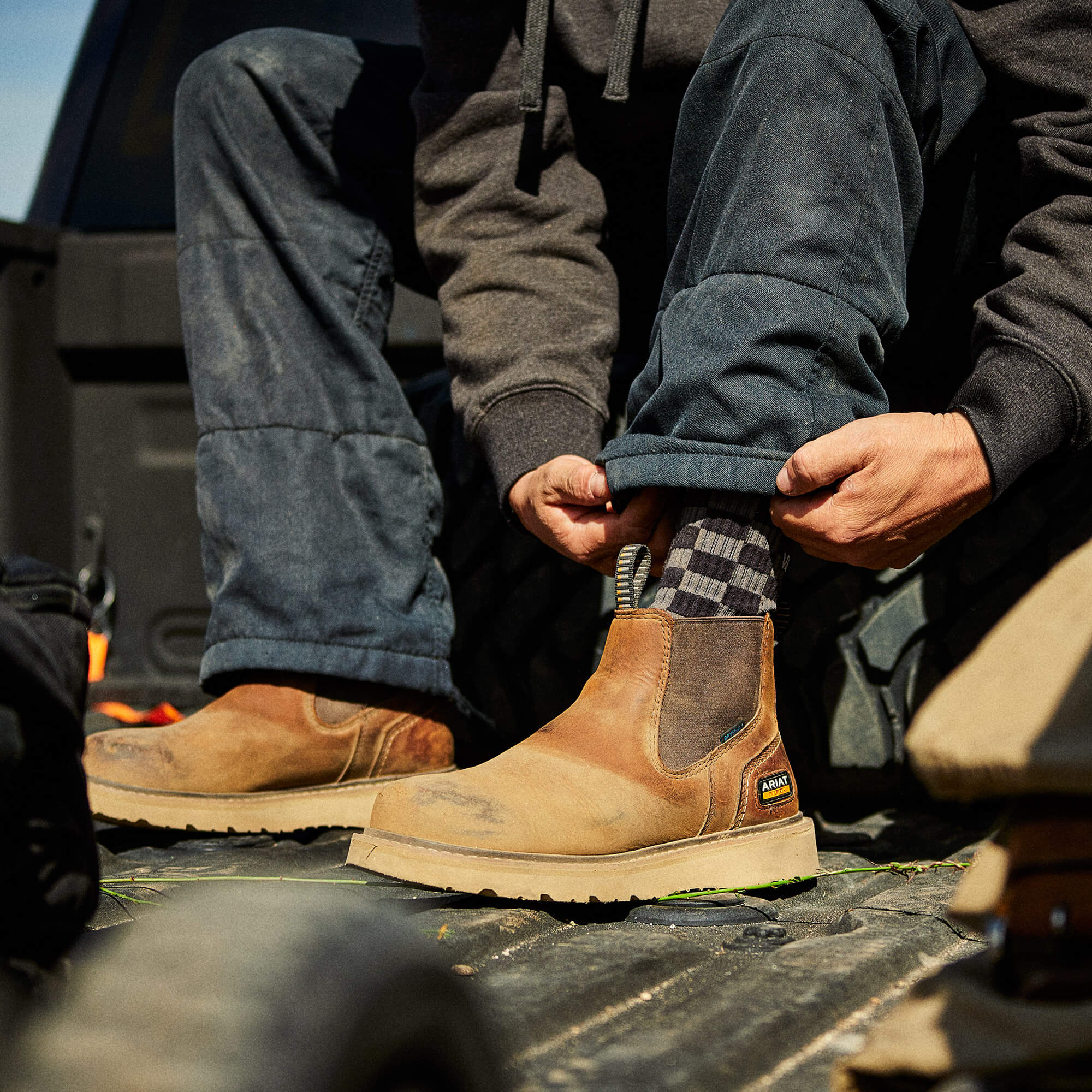 Rebar Wedge Chelsea Waterproof Work Boot Lifestyle - DISTRESSED BROWN