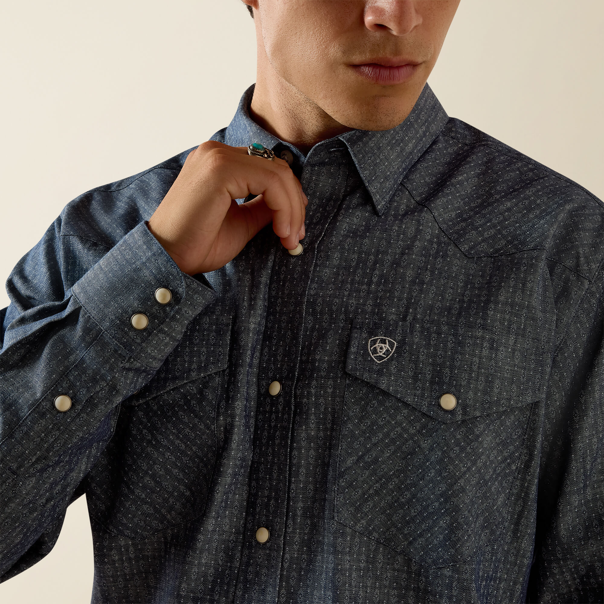 Felipe Fitted Snap Shirt 01 - CHAMBRAY BLUE GEO PRINT