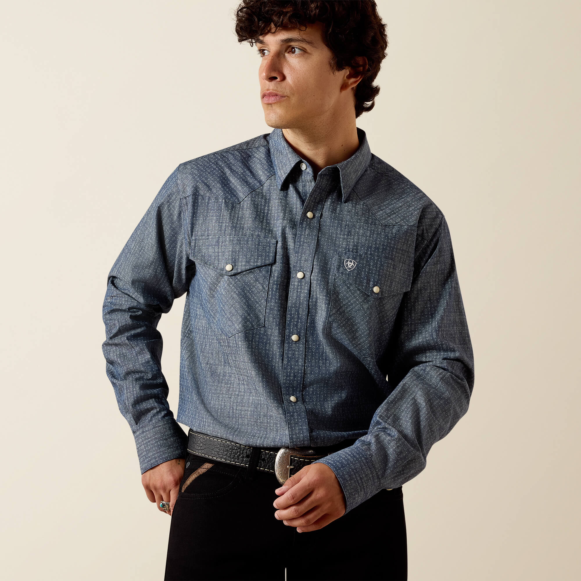 Felipe Fitted Snap Shirt Front - CHAMBRAY BLUE GEO PRINT