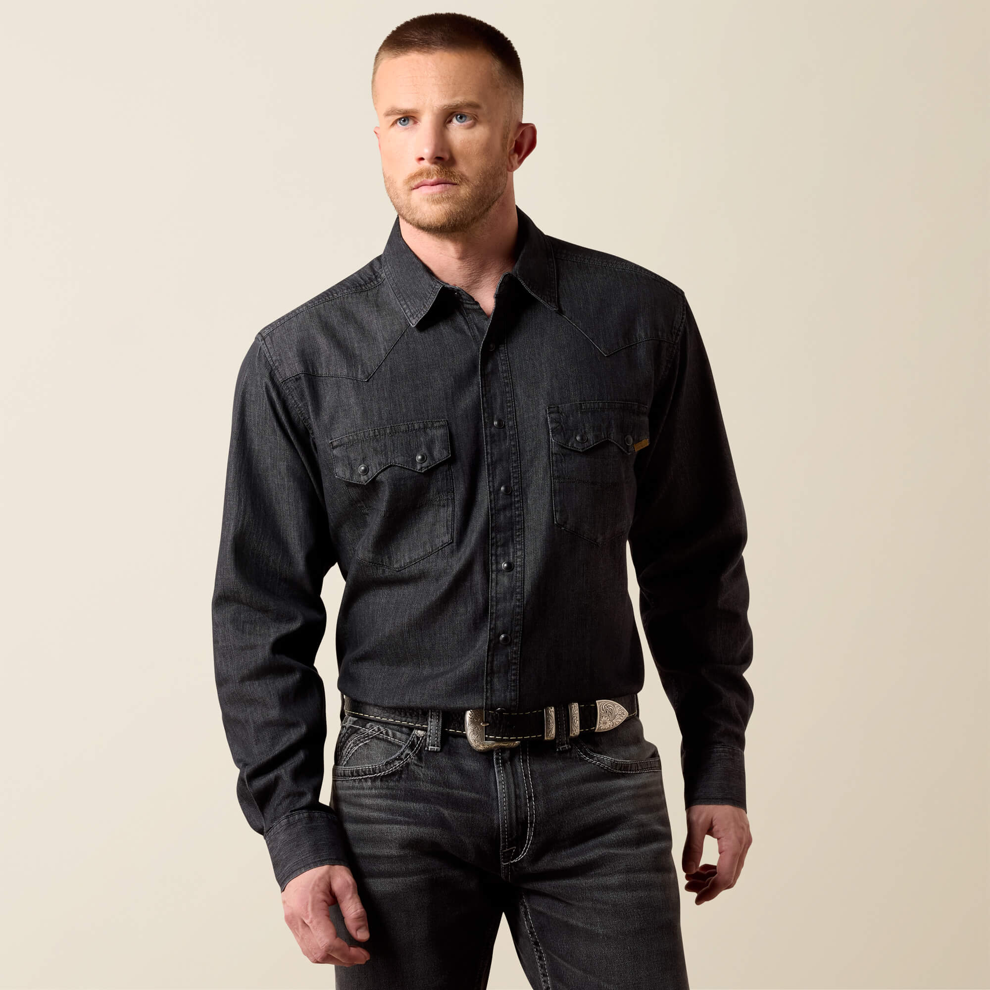 Classic Fit Sawtooth Denim Shirt Front - CARL