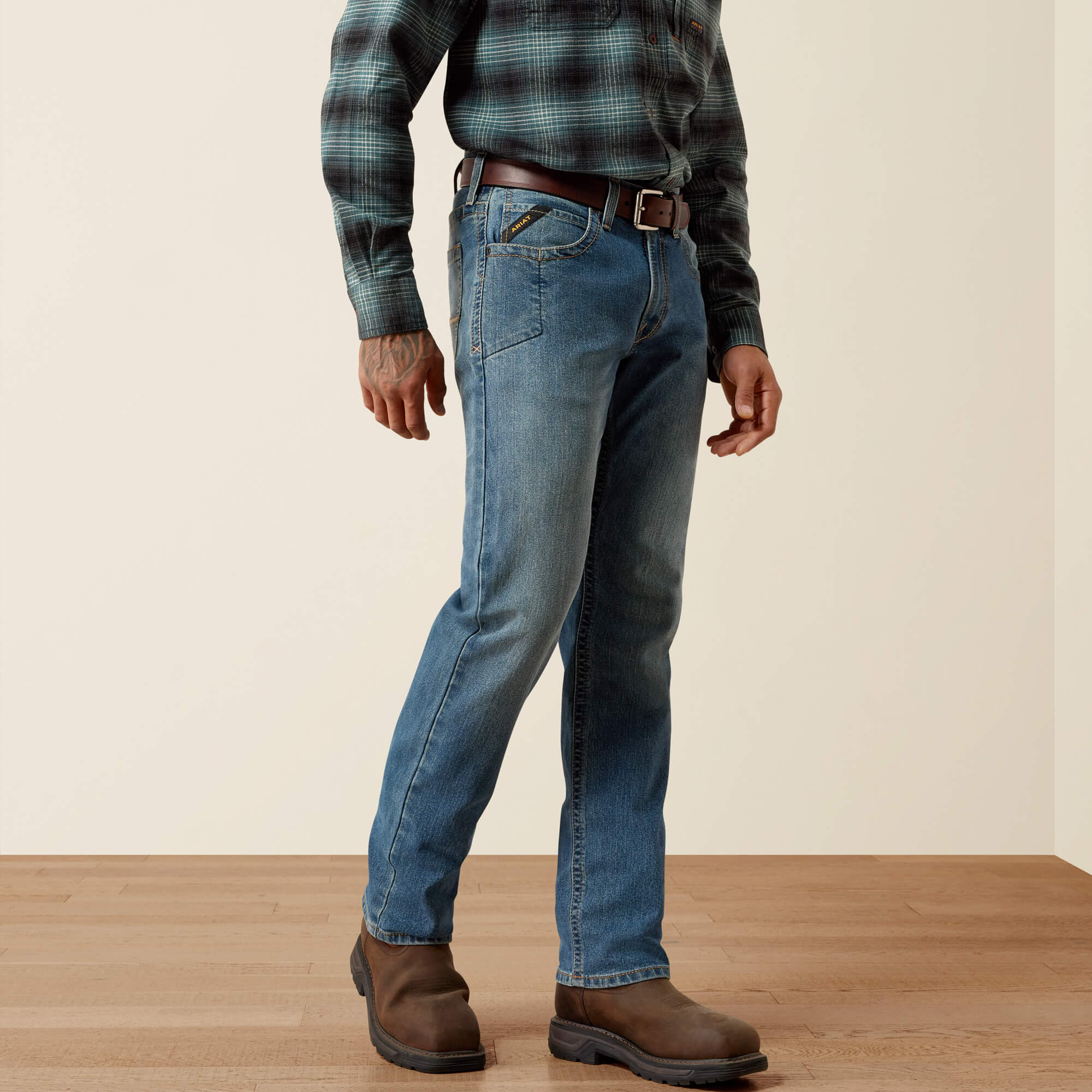 Rebar M2 Traditional Relaxed Rail DuraStretch Boot Cut Jeans Front - EDGEWOOD
