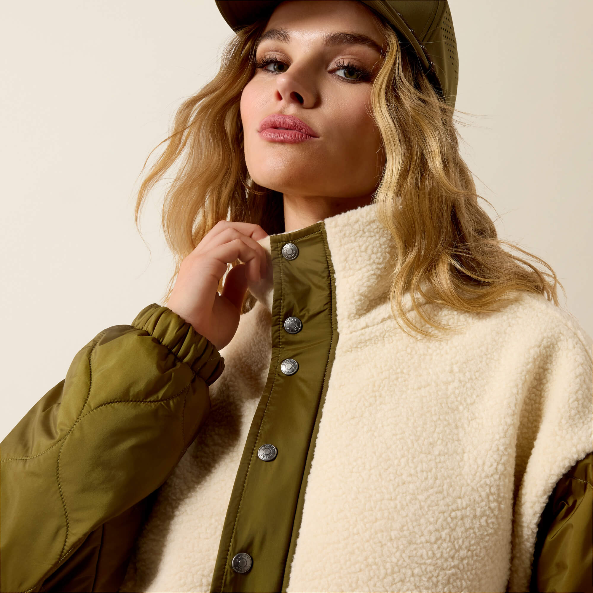 Sherpa Blocked Jacket 01 - PARCHMENT|MOSS GREEN
