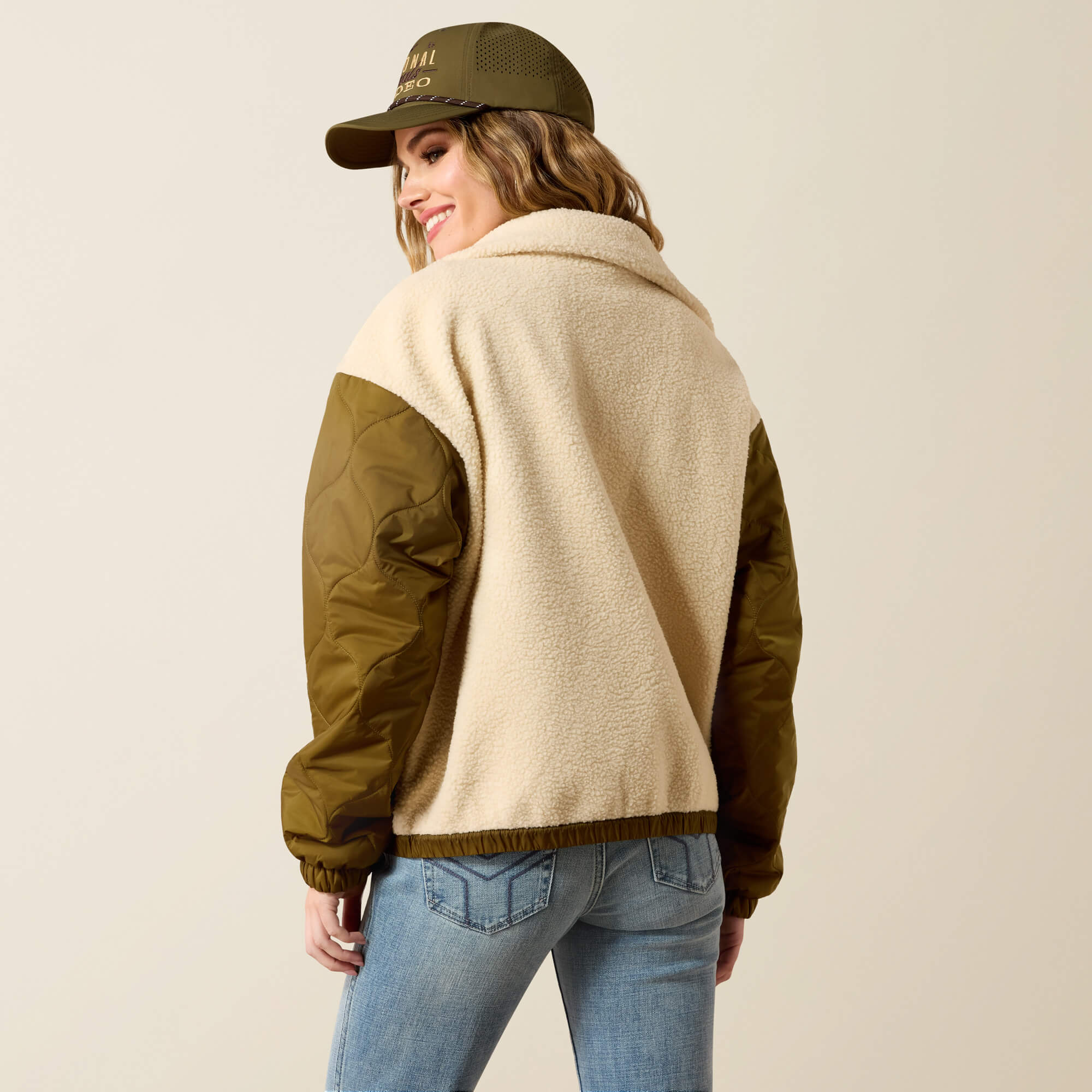 Sherpa Blocked Jacket Back - PARCHMENT|MOSS GREEN