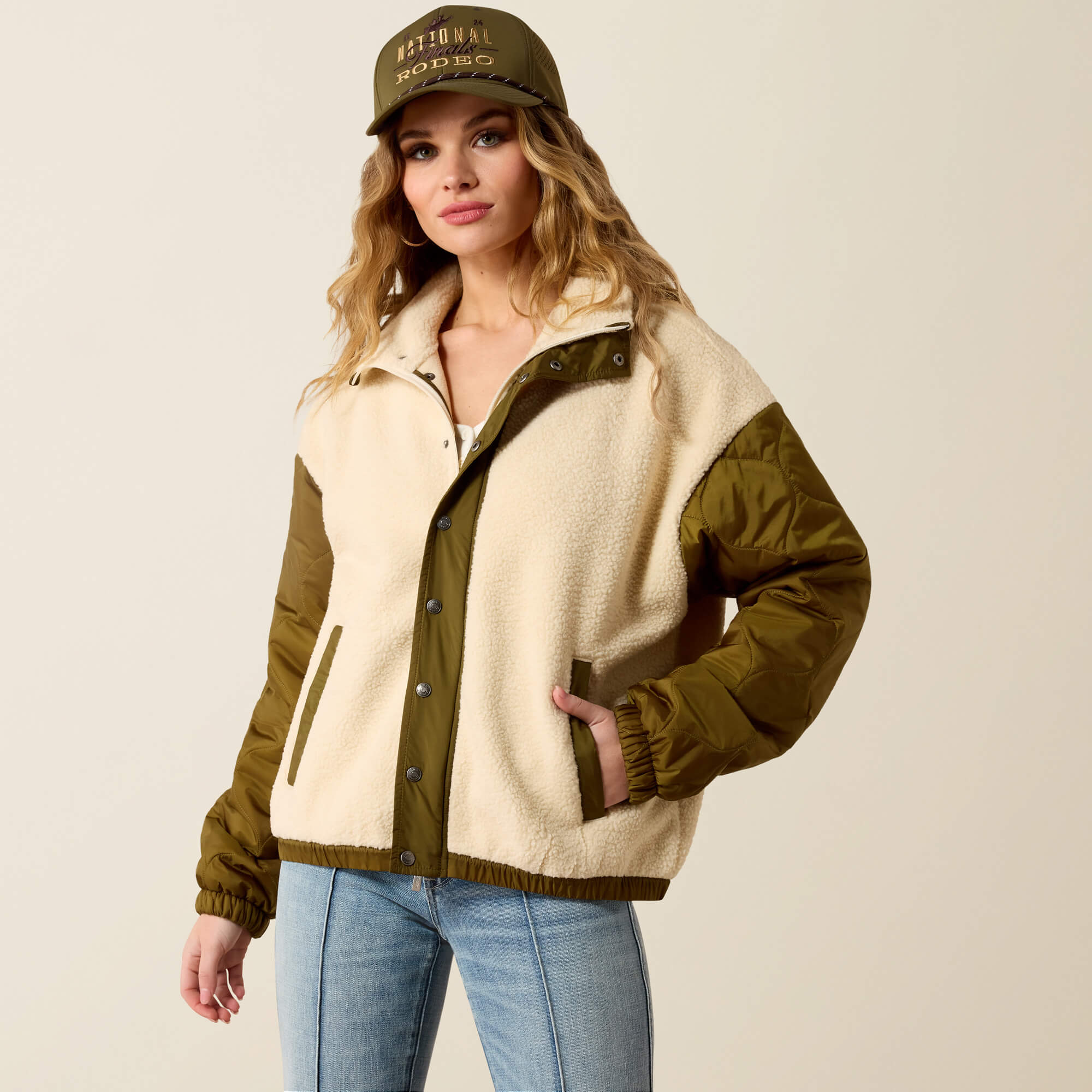 Sherpa Blocked Jacket Front - PARCHMENT|MOSS GREEN