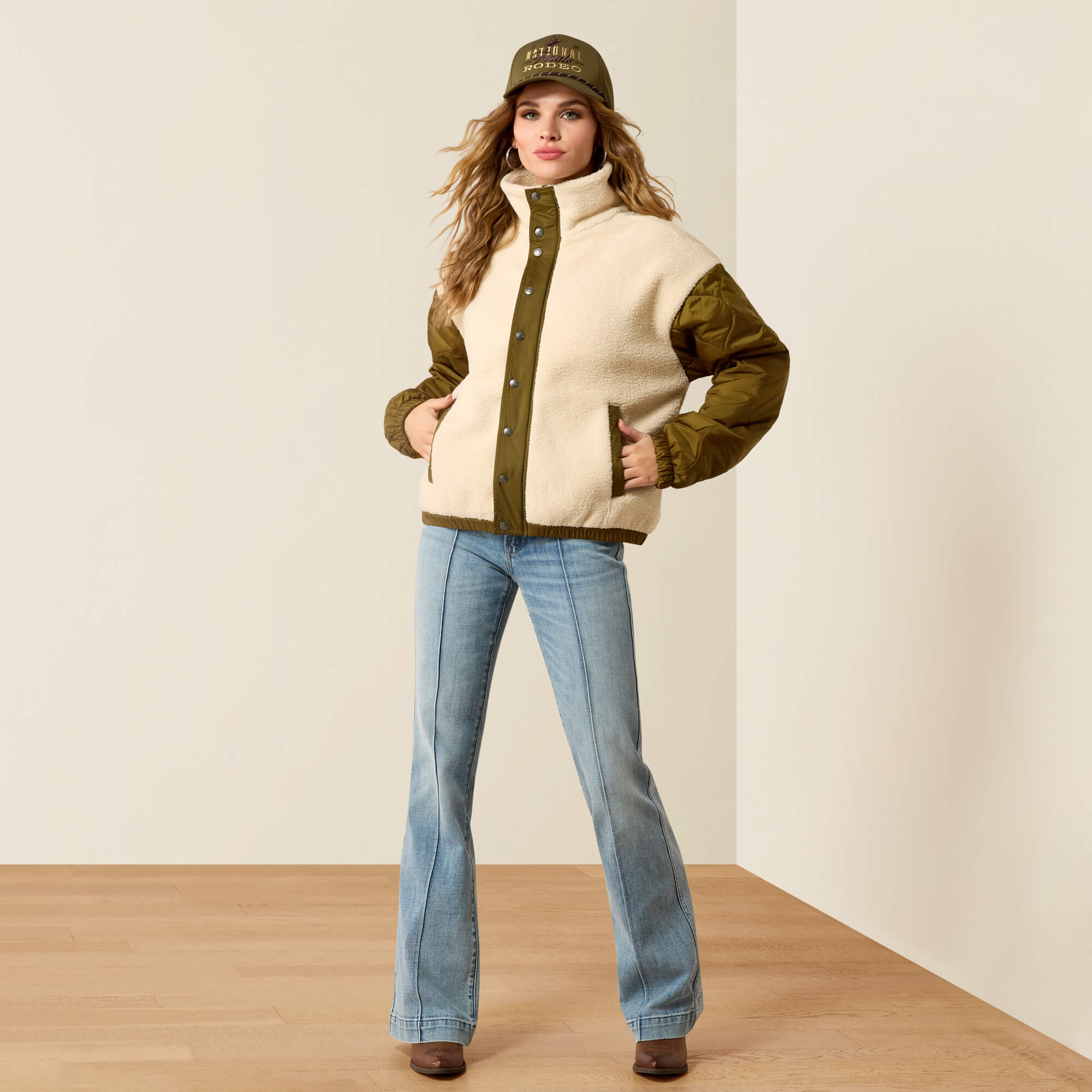 Sherpa Blocked Jacket Full - PARCHMENT|MOSS GREEN