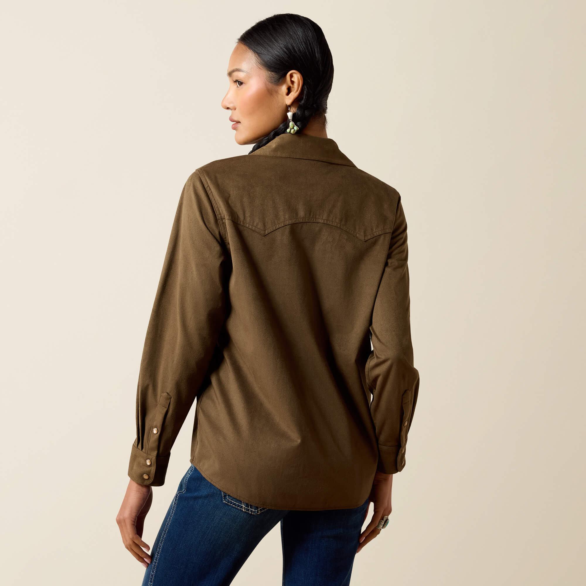 Autumn Drift Western Snap Shirt Back - OLIVE SUEDE