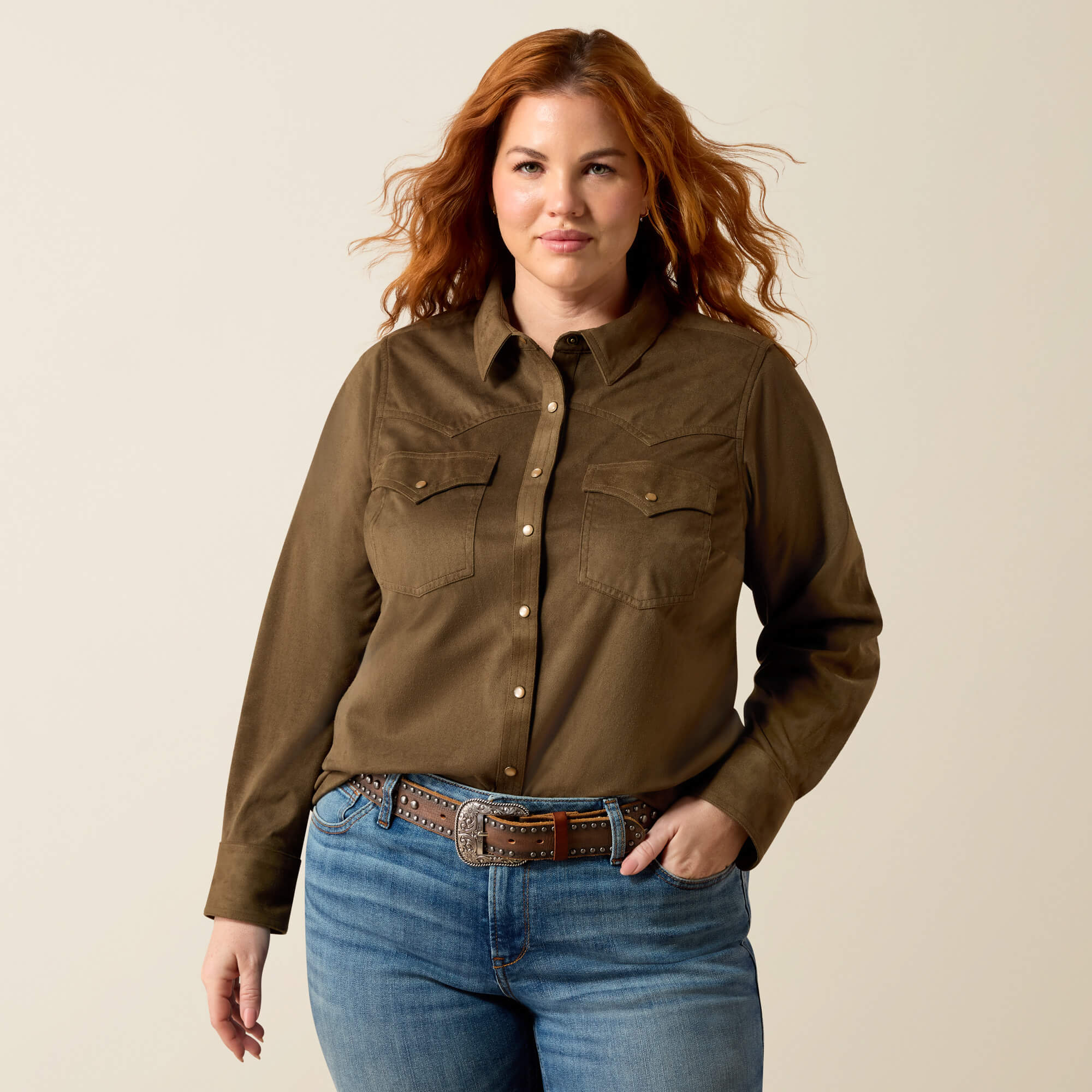 Autumn Drift Western Snap Shirt Front Plus - OLIVE SUEDE