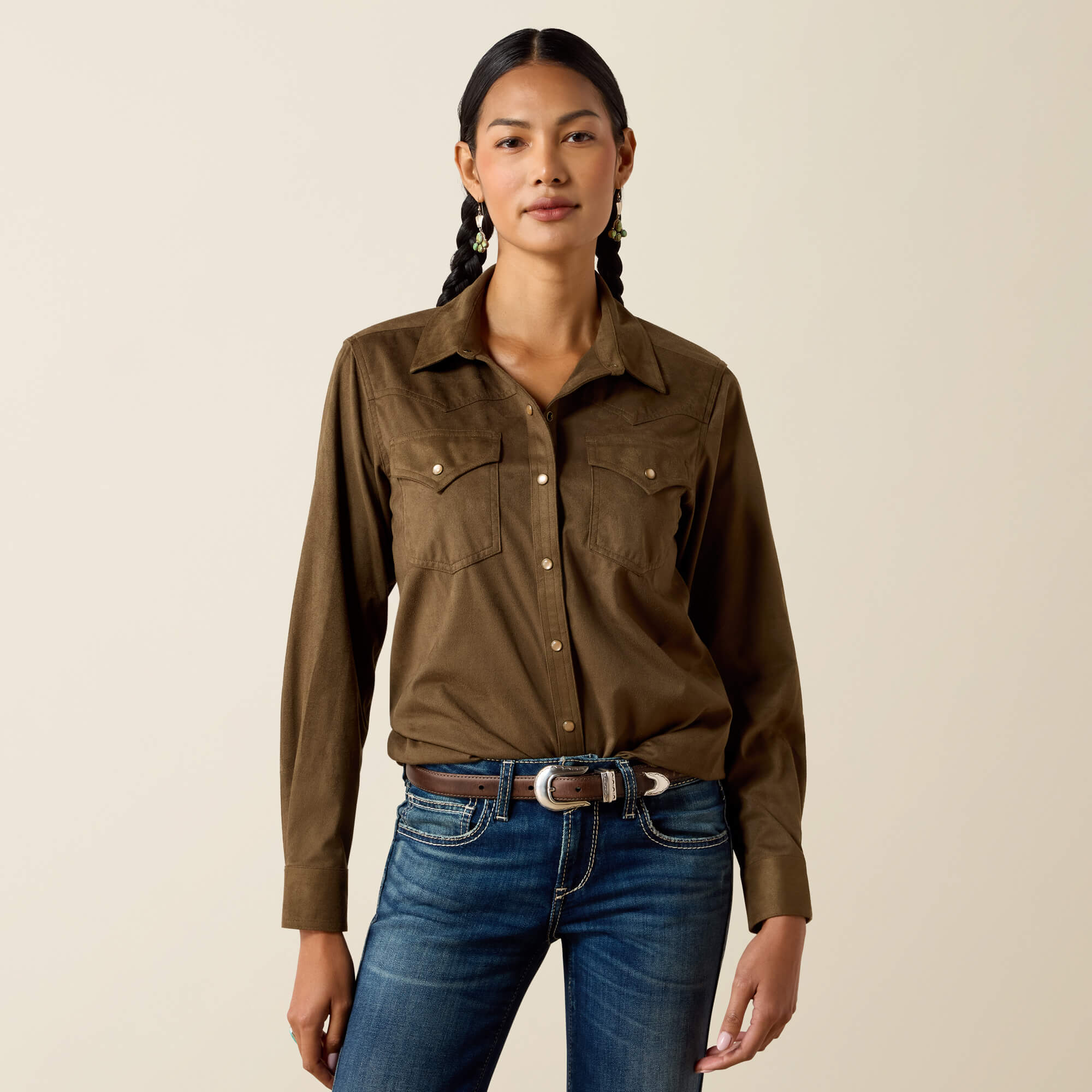 Autumn Drift Western Snap Shirt Front - OLIVE SUEDE