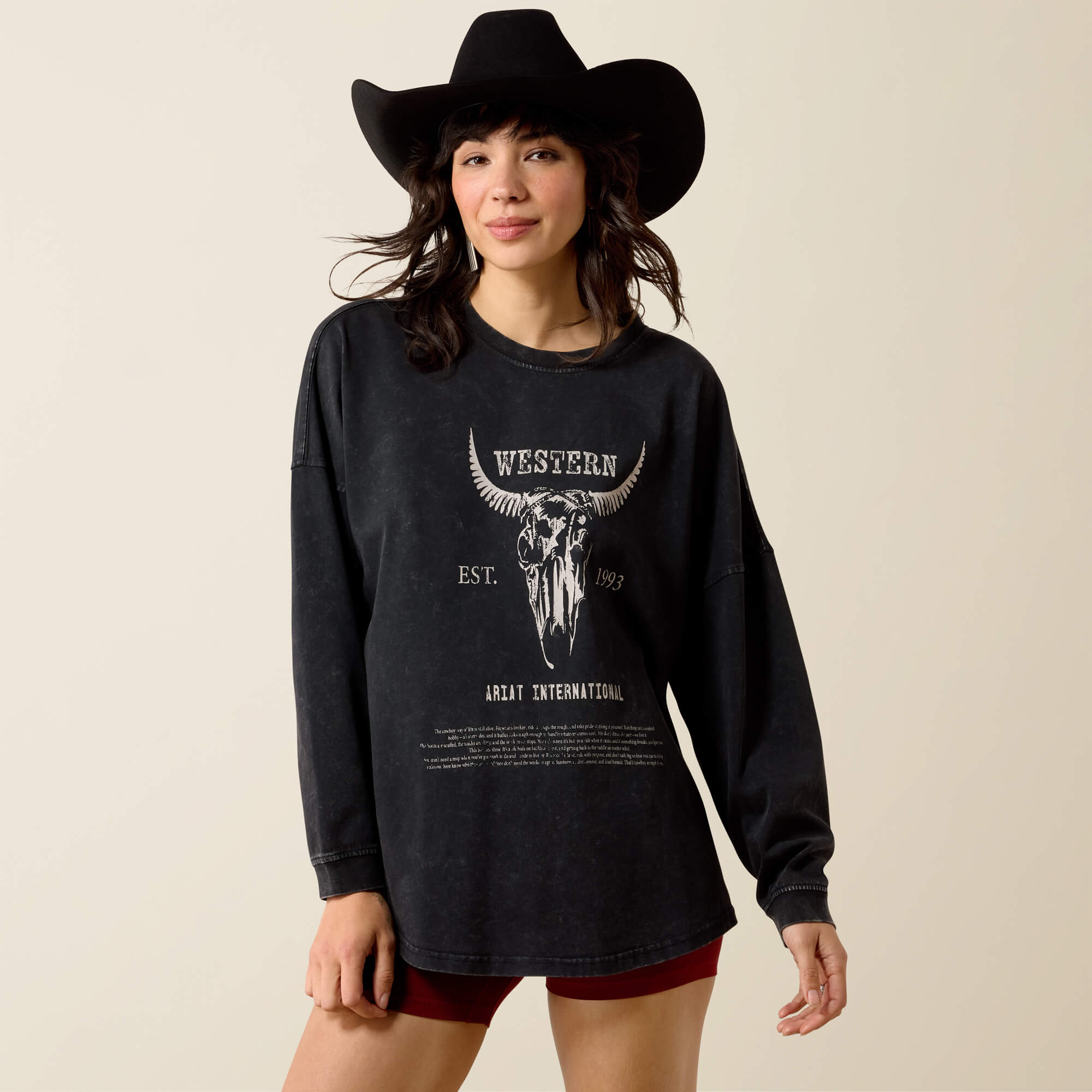 Canvas Oversized Long Sleeve T-Shirt Front - BLACK ACID WASH