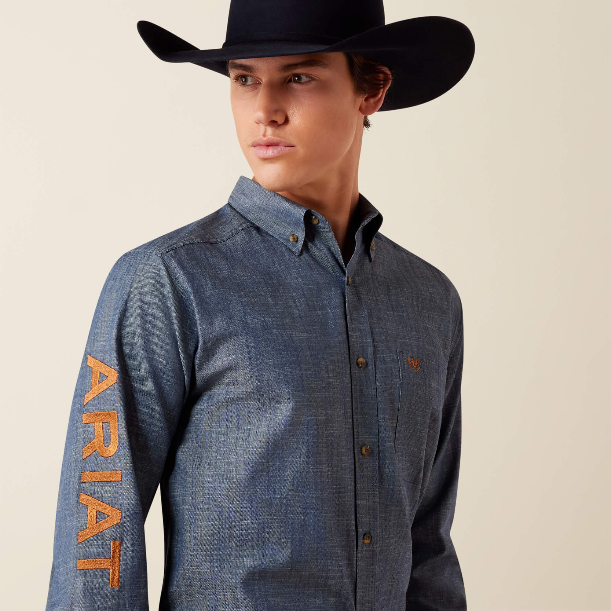 Team Logo Twill Fitted Shirt 02 - CHAMBRAY BLUE|SADDLE BROWN