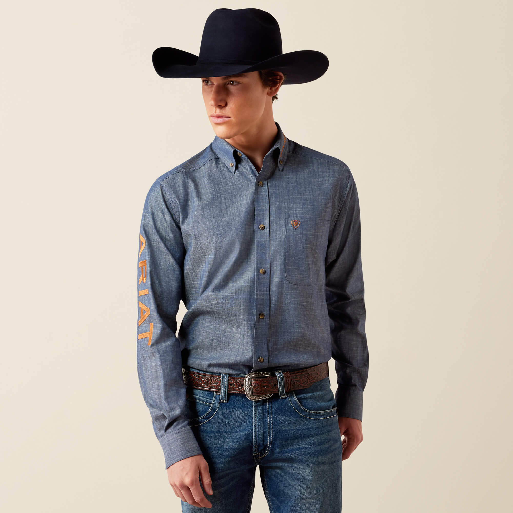 Team Logo Twill Fitted Shirt Front - CHAMBRAY BLUE|SADDLE BROWN