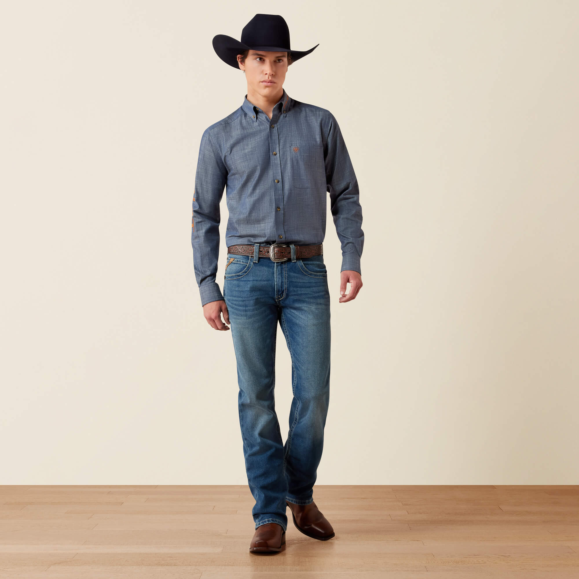 Team Logo Twill Fitted Shirt Full - CHAMBRAY BLUE|SADDLE BROWN