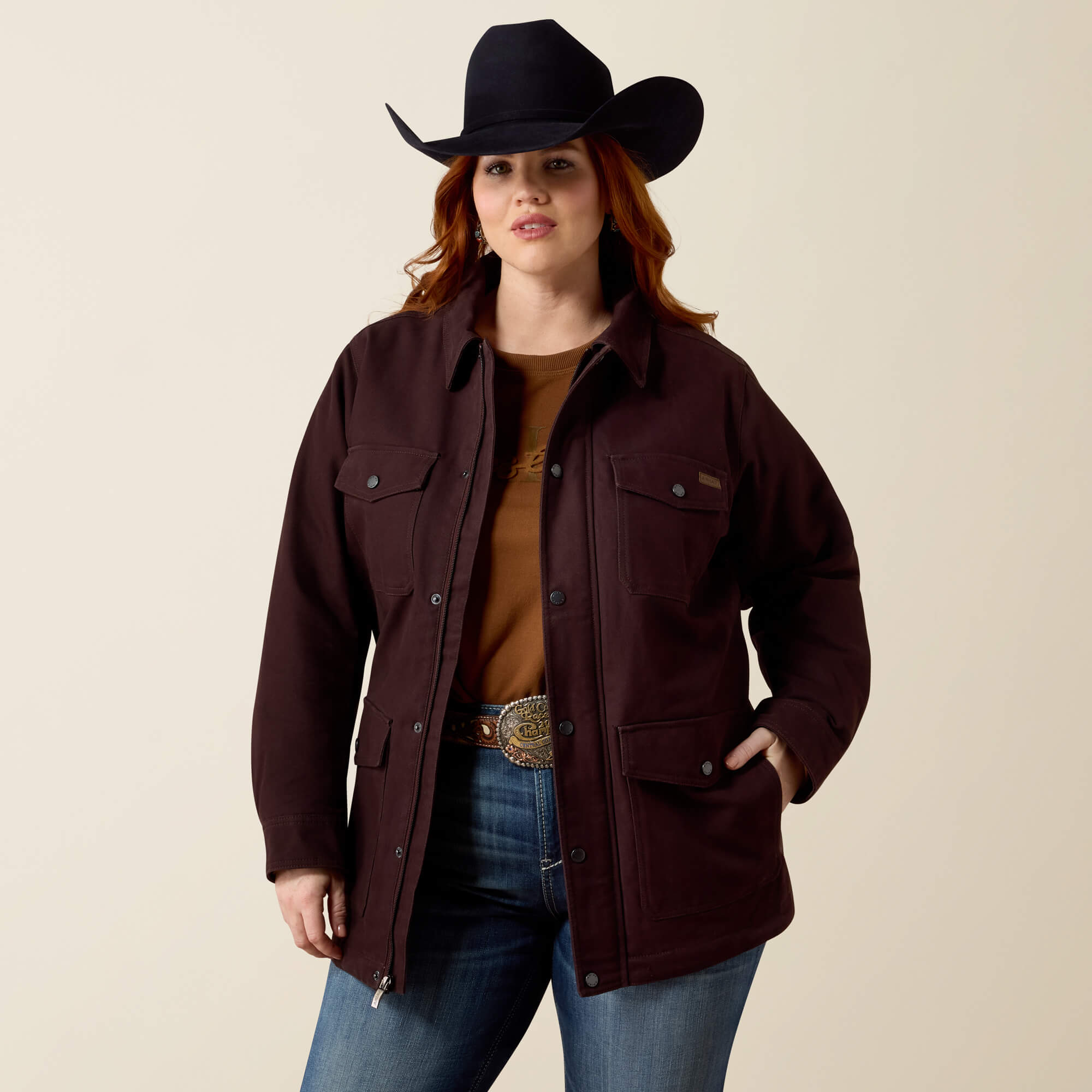 Western Canvas Chore Jacket Front Plus - CHOCOLATE PLUM