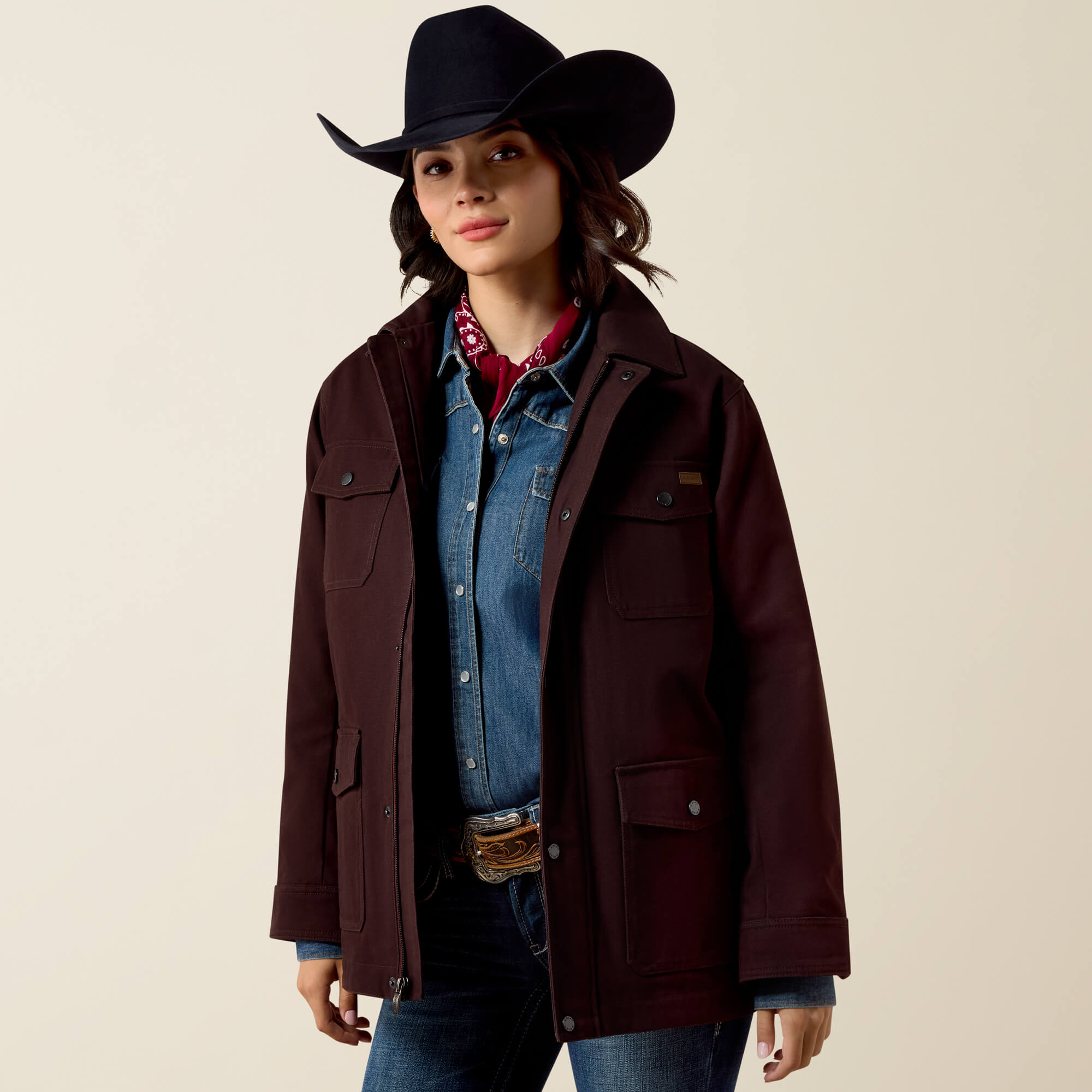 Western Canvas Chore Jacket Front - CHOCOLATE PLUM