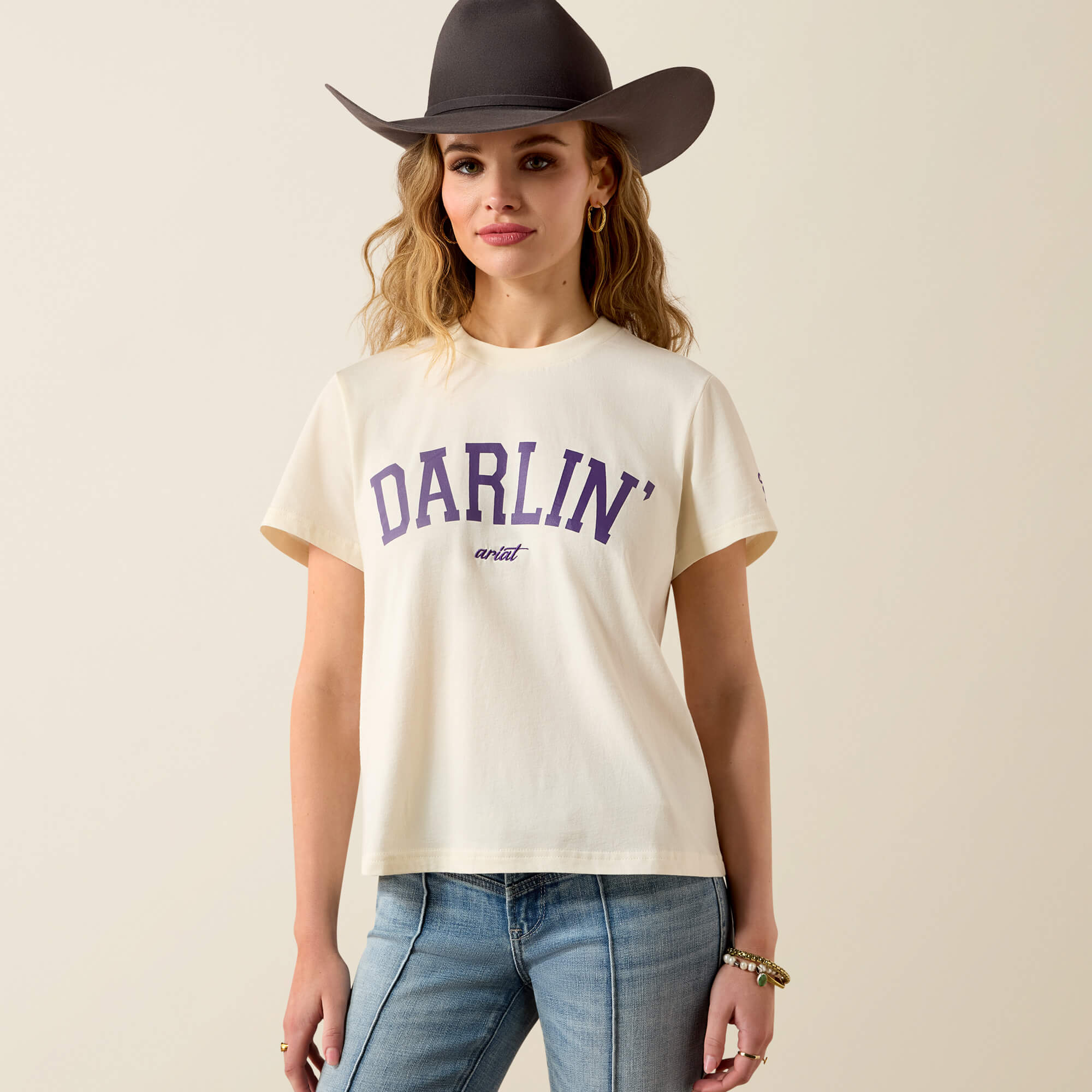 Collegiate Darlin T-Shirt Front - CREAM|PURPLE