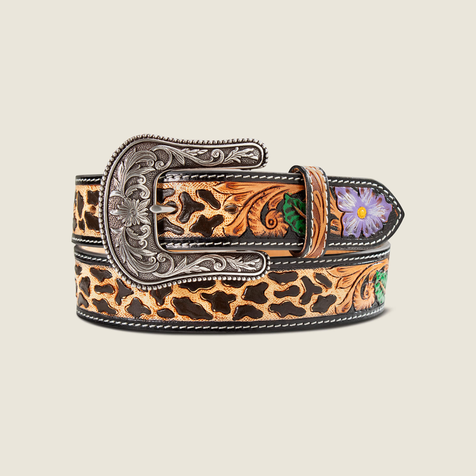 Hand Tooled Cheetah Print With Painted Flower Belt Front - MULTI
