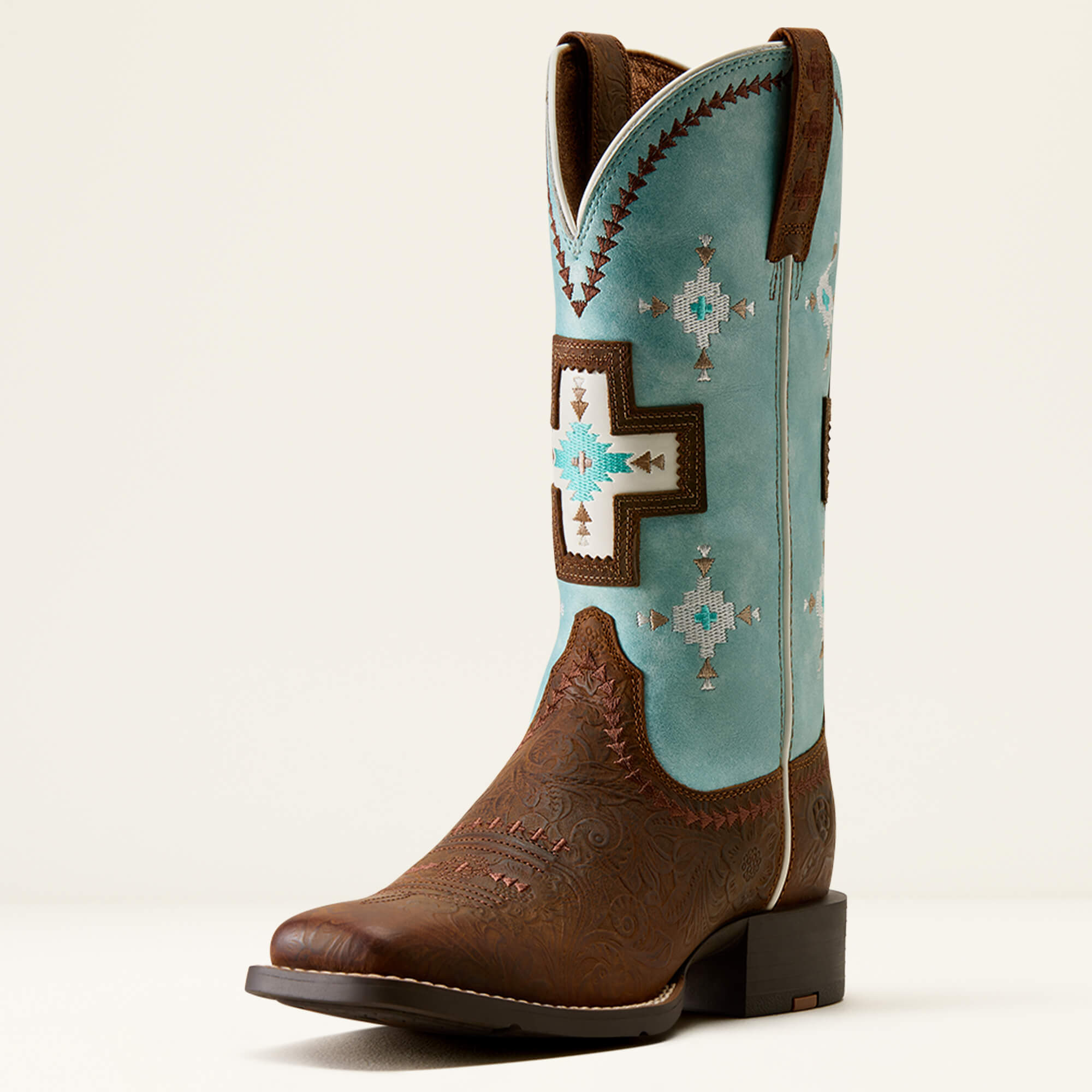 Round Up Cantina Wide Square Toe Western Boot 3-4 Front - CHESTNUT SOUTHWEST EMBOSS|PAINTED WATERCOLOR