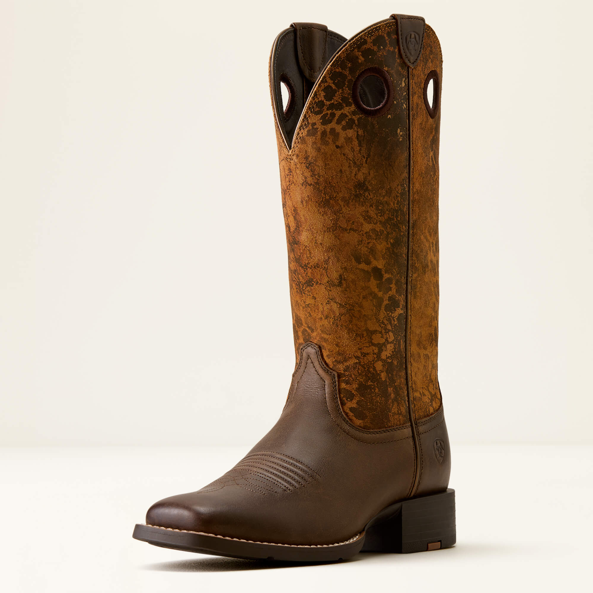 Round Up Ryder Wide Square Toe Western Boot 3-4 Front - DARK CACAO|DISTRESSED LEOPARD