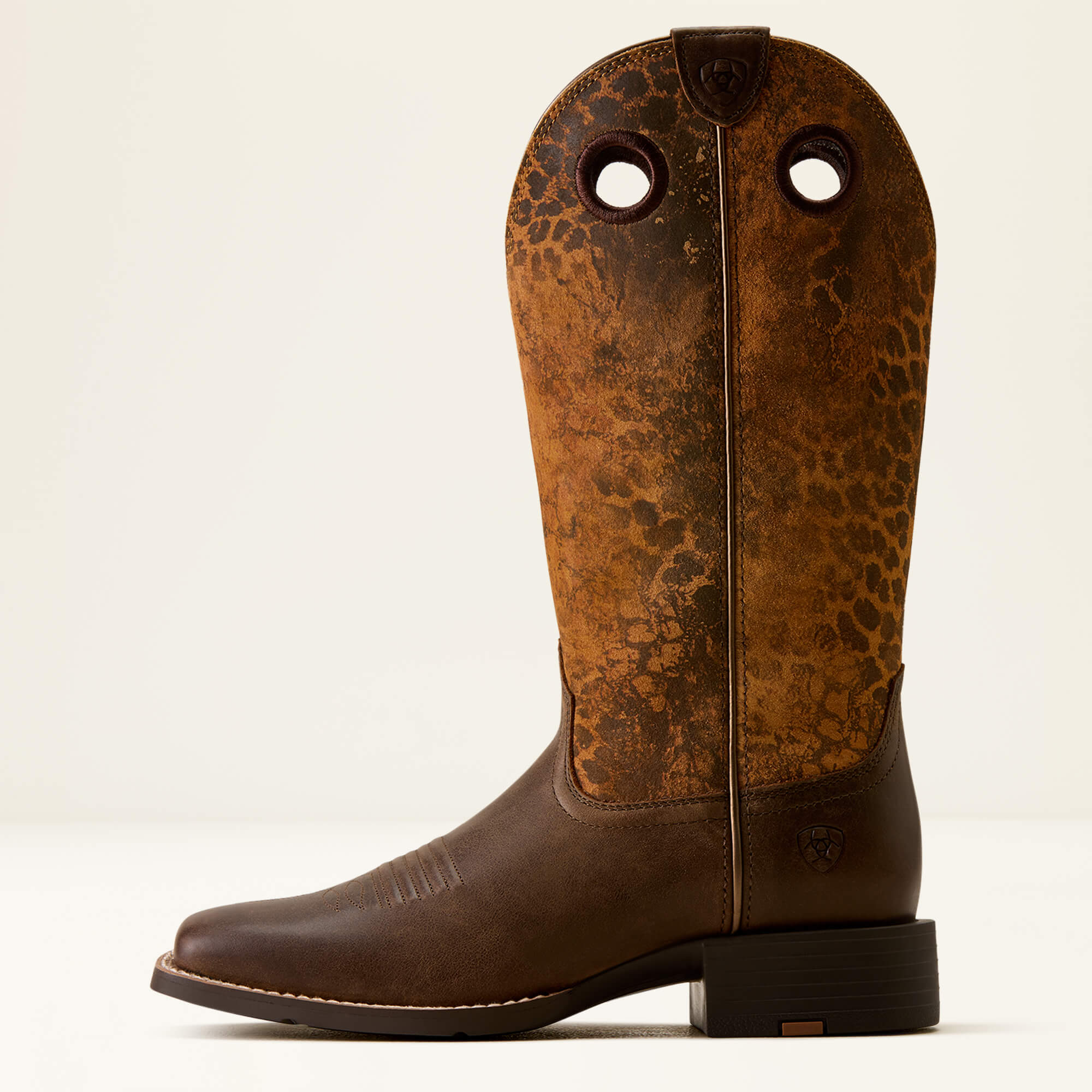 Round Up Ryder Wide Square Toe Western Boot Side - DARK CACAO|DISTRESSED LEOPARD