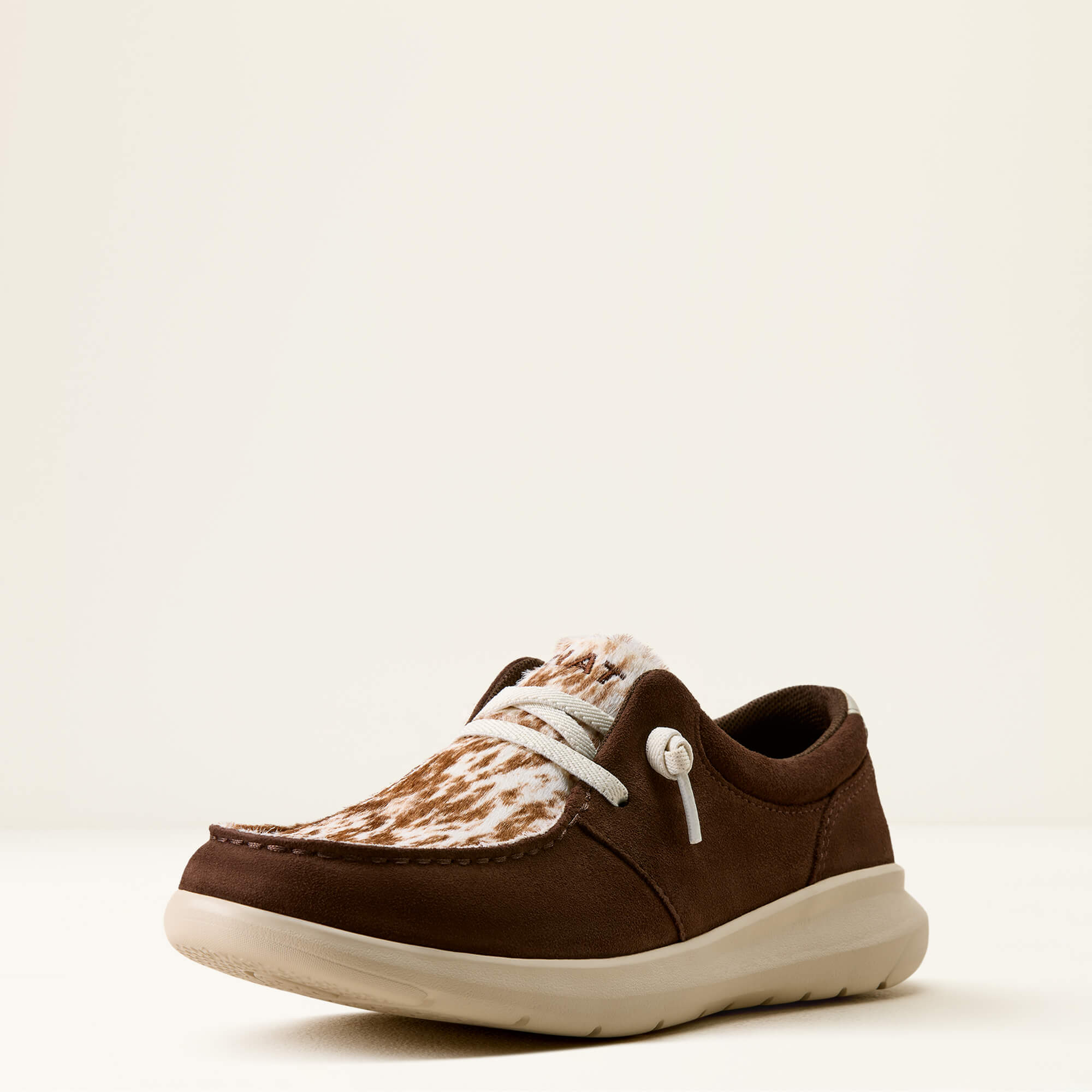 Hilo Shoe 3-4 Front - COFFEE BEAN SUEDE|SPECKLED COW PRINT