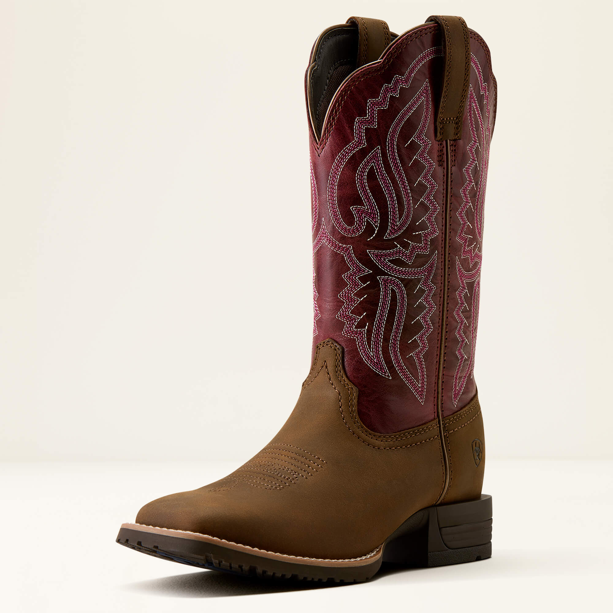 Hybrid Ranchwork Wide Square Toe Western Boot 3-4 Front - BACKWOODS BROWN|BERRY SPICE