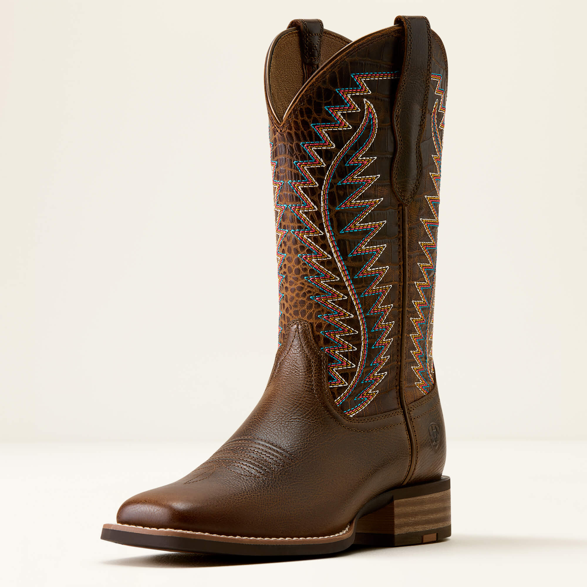 Monte Vista Wide Square Toe Western Boot 3-4 Front - WICKER|CHOCOLATE CROC PRINT