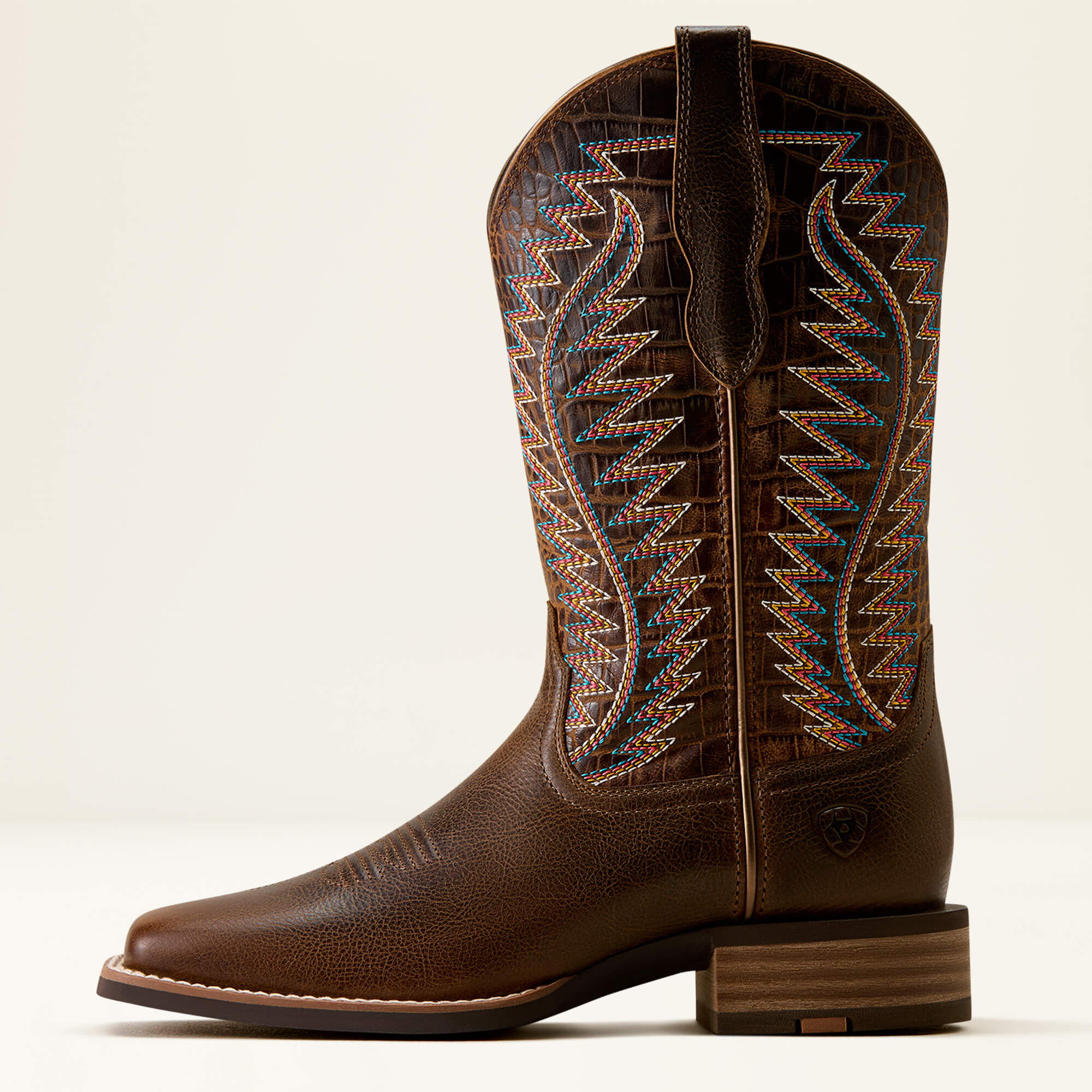 Monte Vista Wide Square Toe Western Boot Side - WICKER|CHOCOLATE CROC PRINT