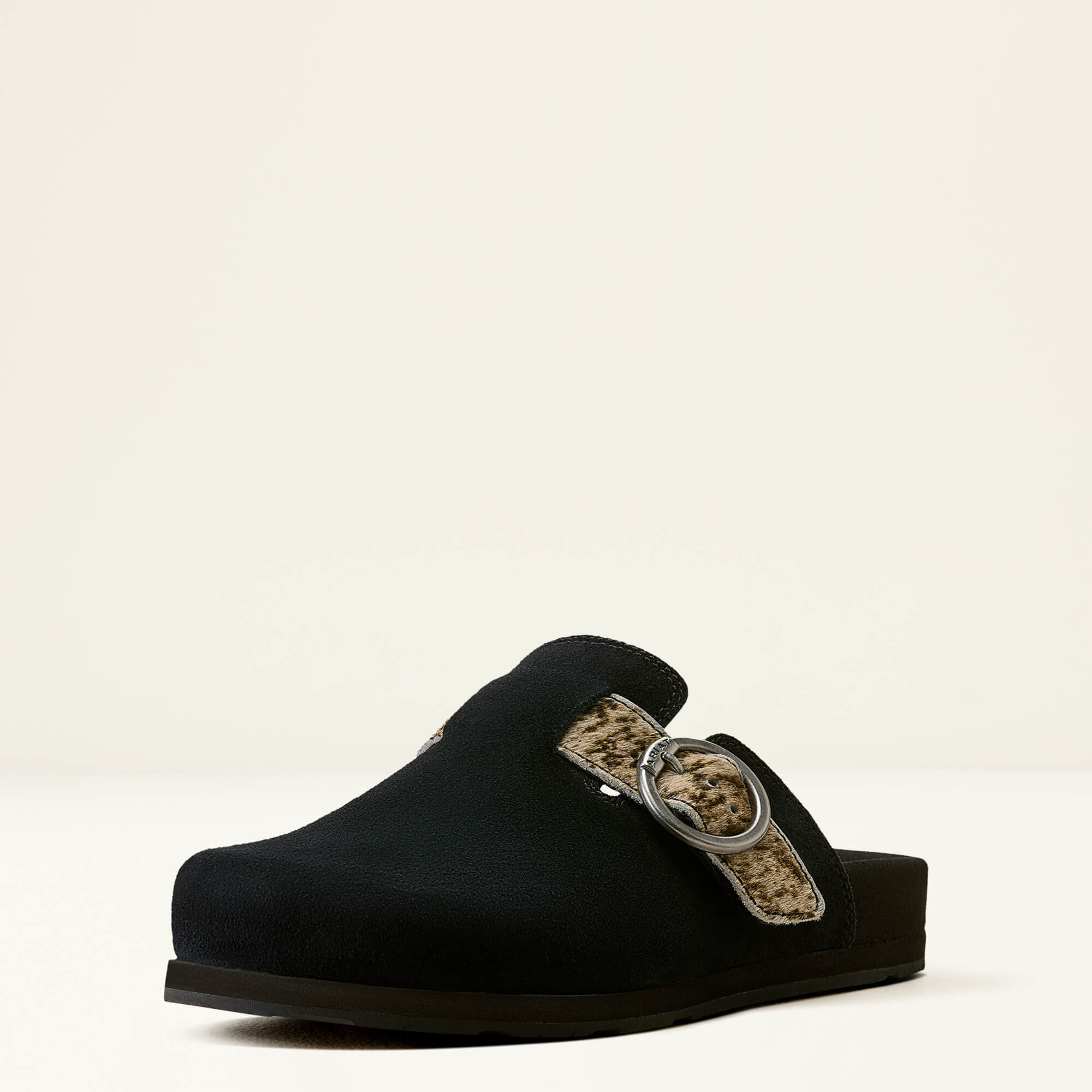 Country Mule 3-4 Front - BLACK SUEDE|BRINDLE HAIR ON