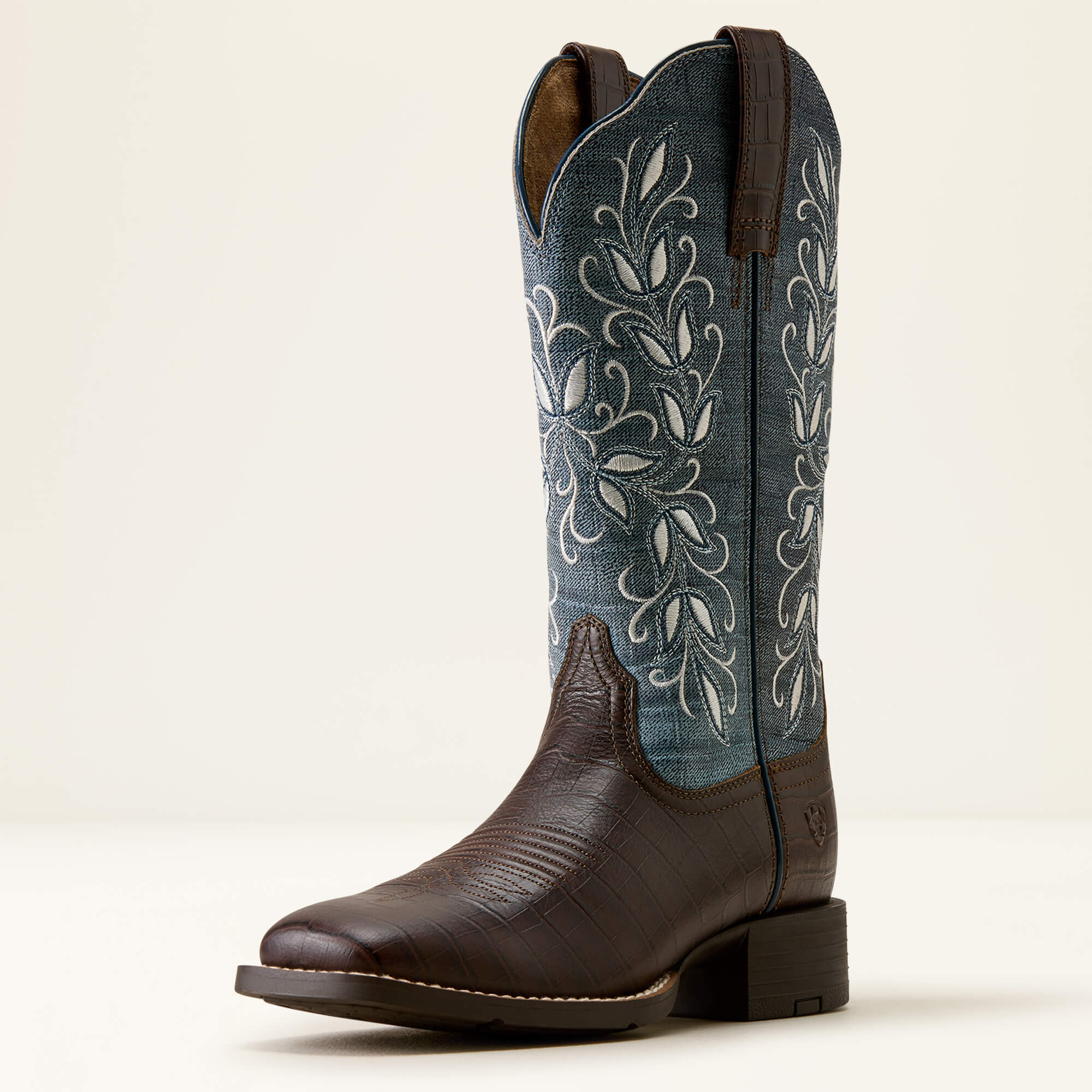 Round Up Holly Wide Square Toe Western Boot 3-4 Front - CHOCOLATE CROC PRINT|DENIM CROC PRINT