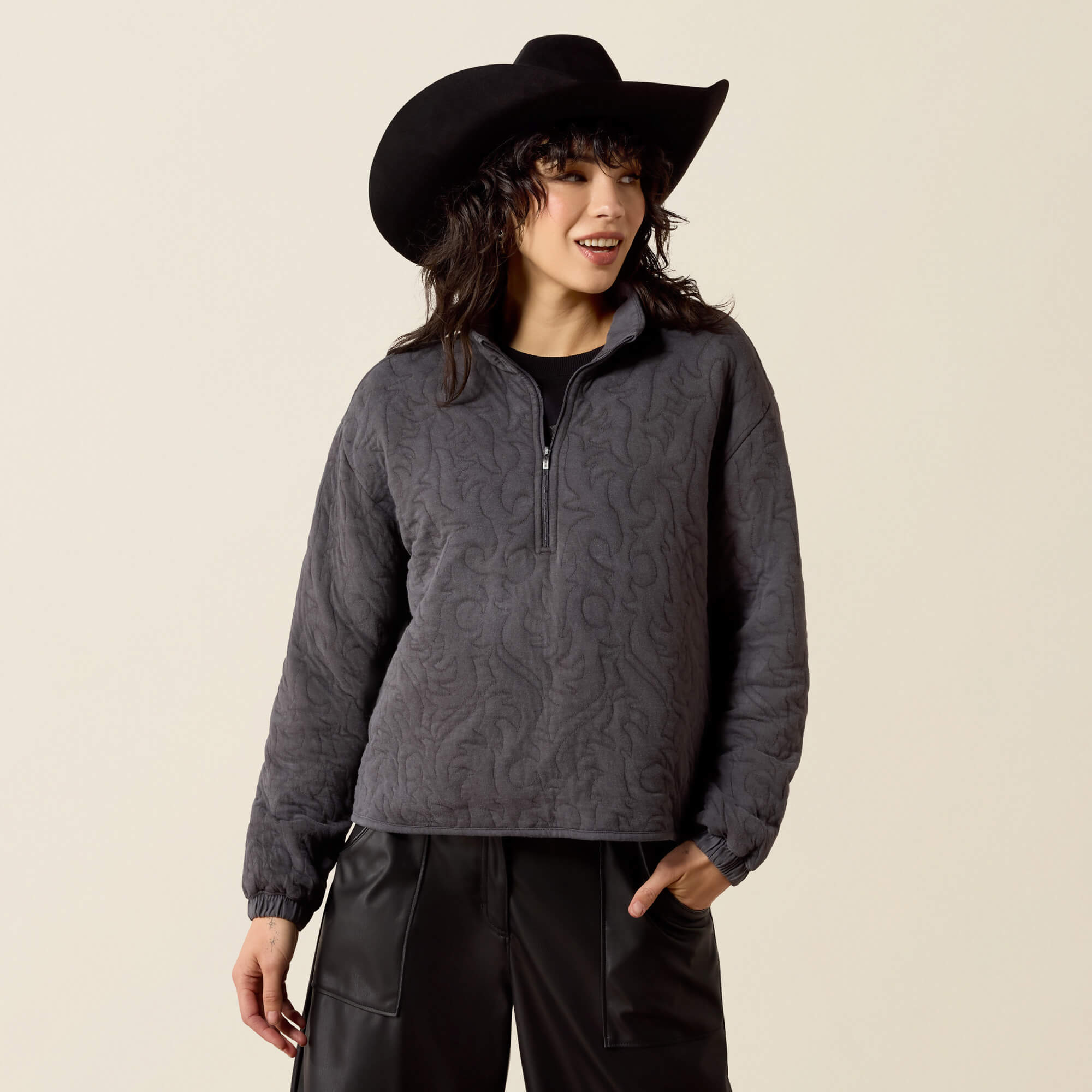 Boot Stitch 1/2 Zip Pullover Front - GREY ACID WASH