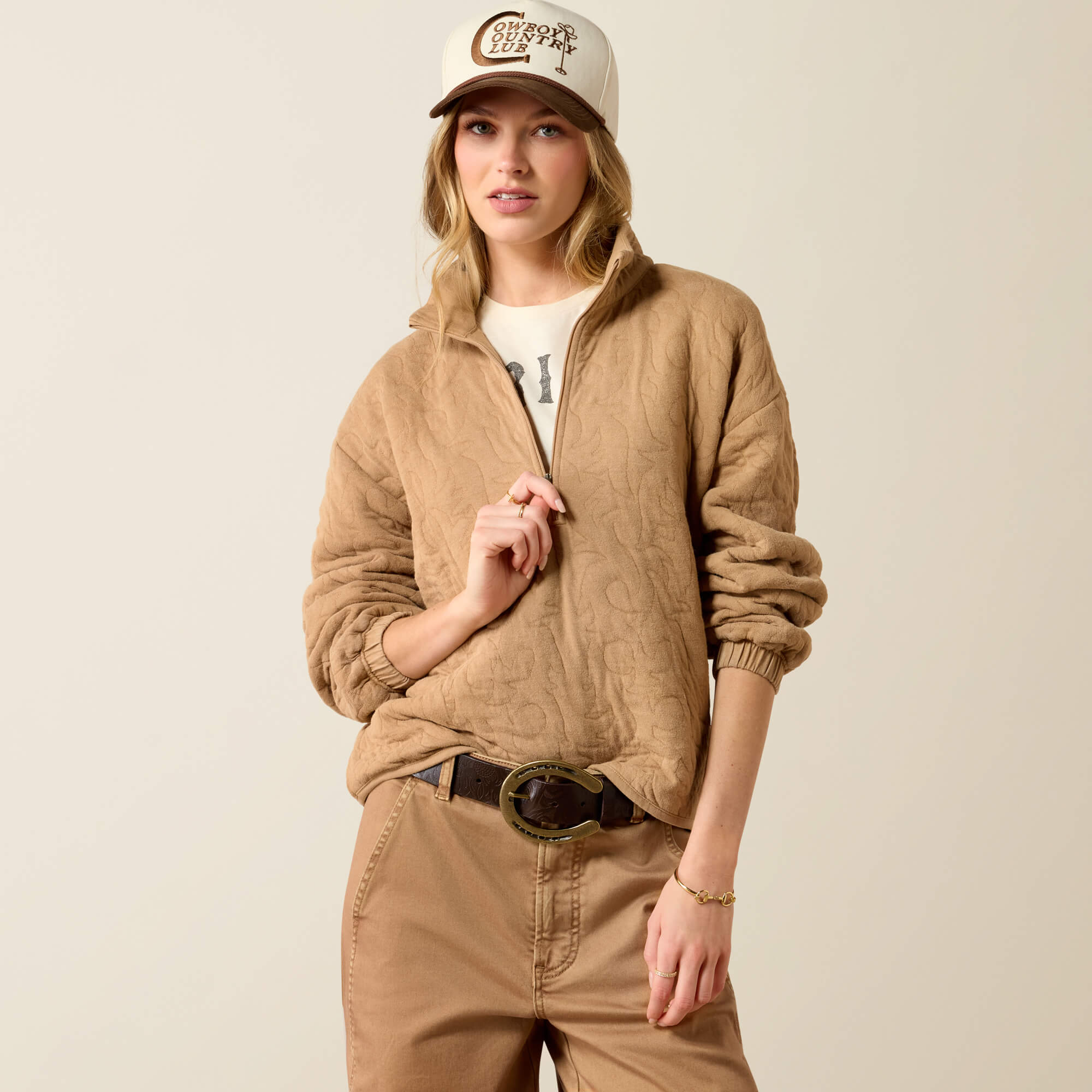 Boot Stitch 1/2 Zip Pullover Front - TIGER'S EYE